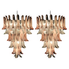 Pair of Murano Glass Pink and White Petal Sumptuous Chandeliers, Italy, 1980s