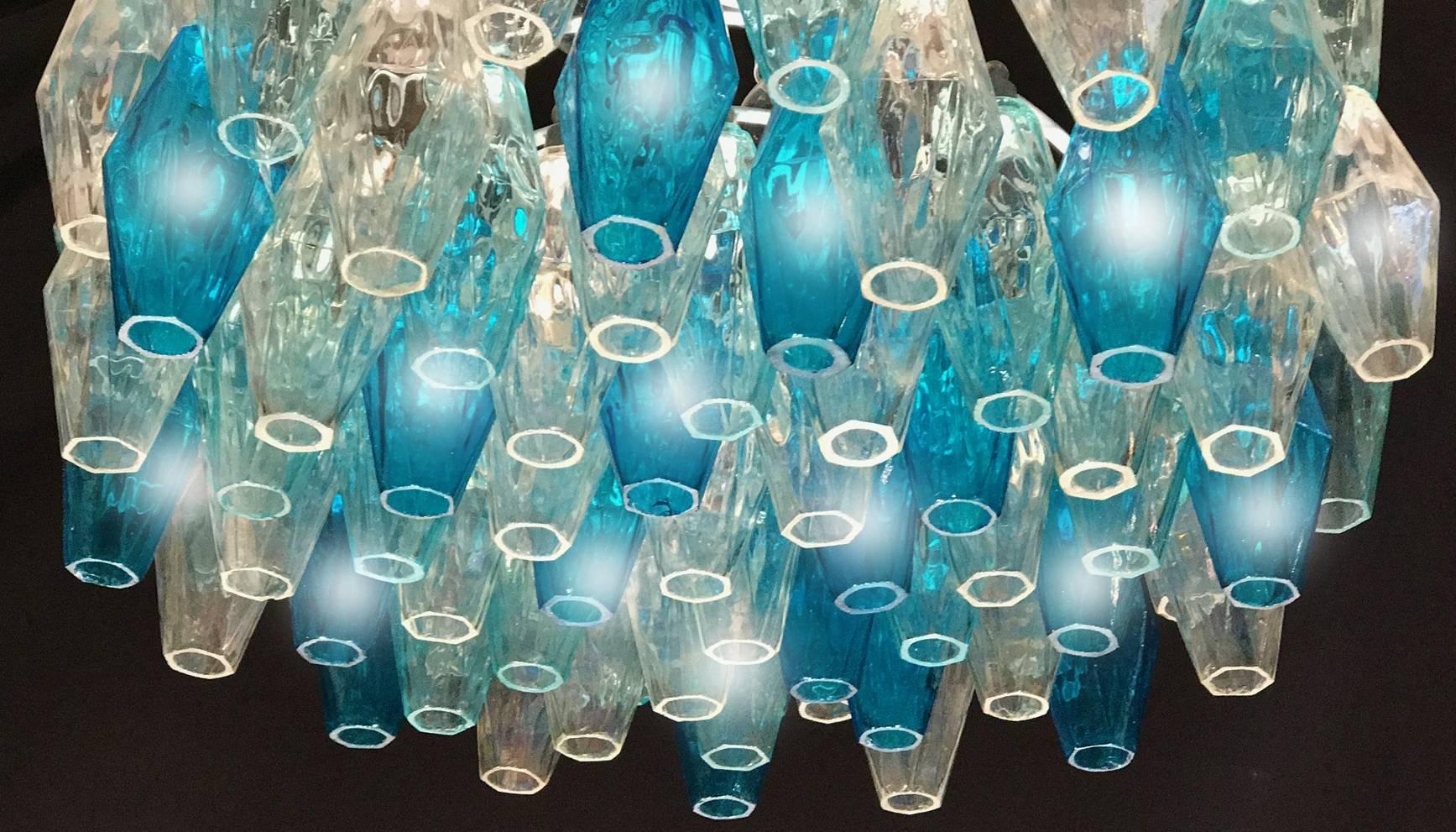 Mid-Century Modern Pair of Murano Glass Poliedri Colored Chandeliers For Sale