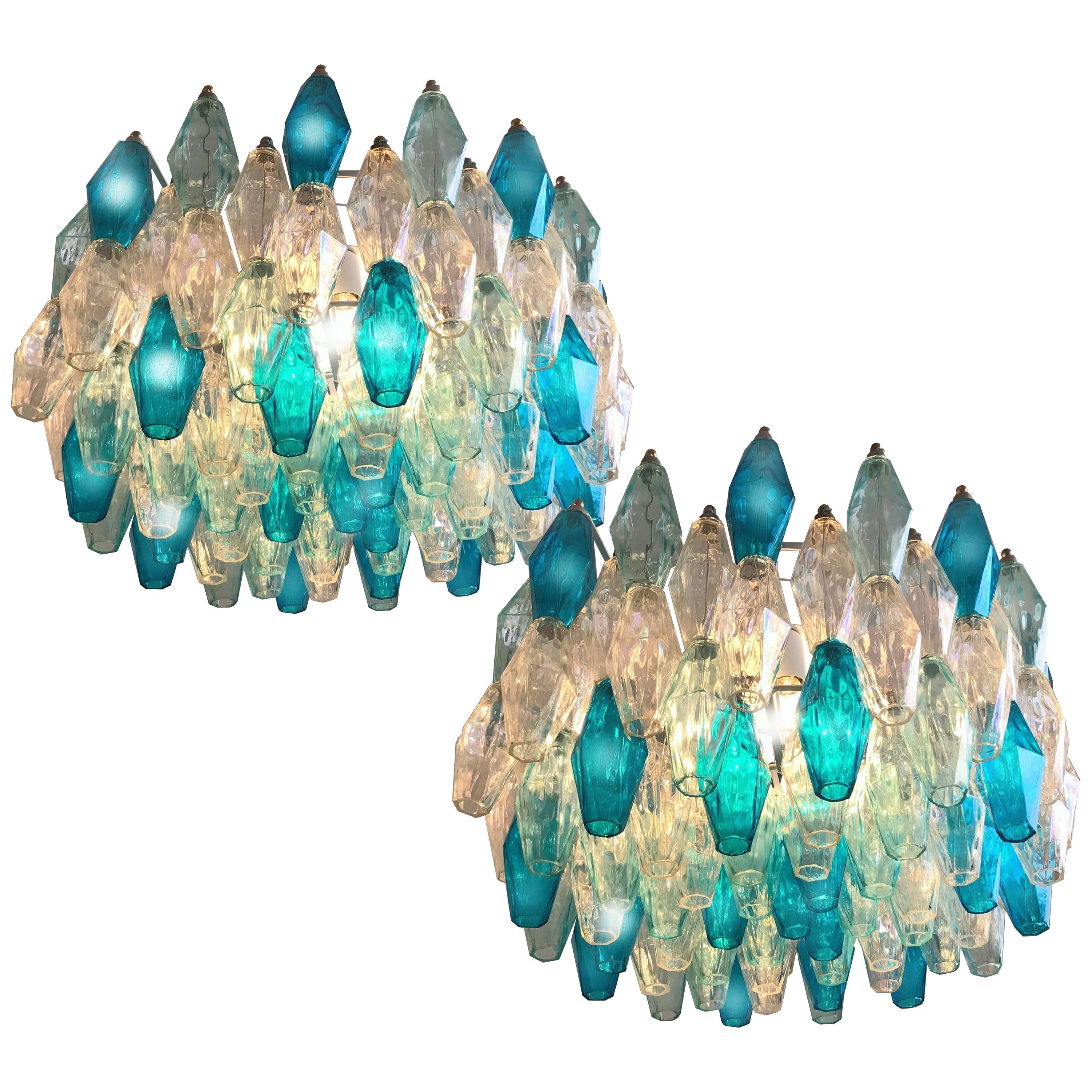 Pair of Murano Glass Poliedri Colored Chandeliers For Sale