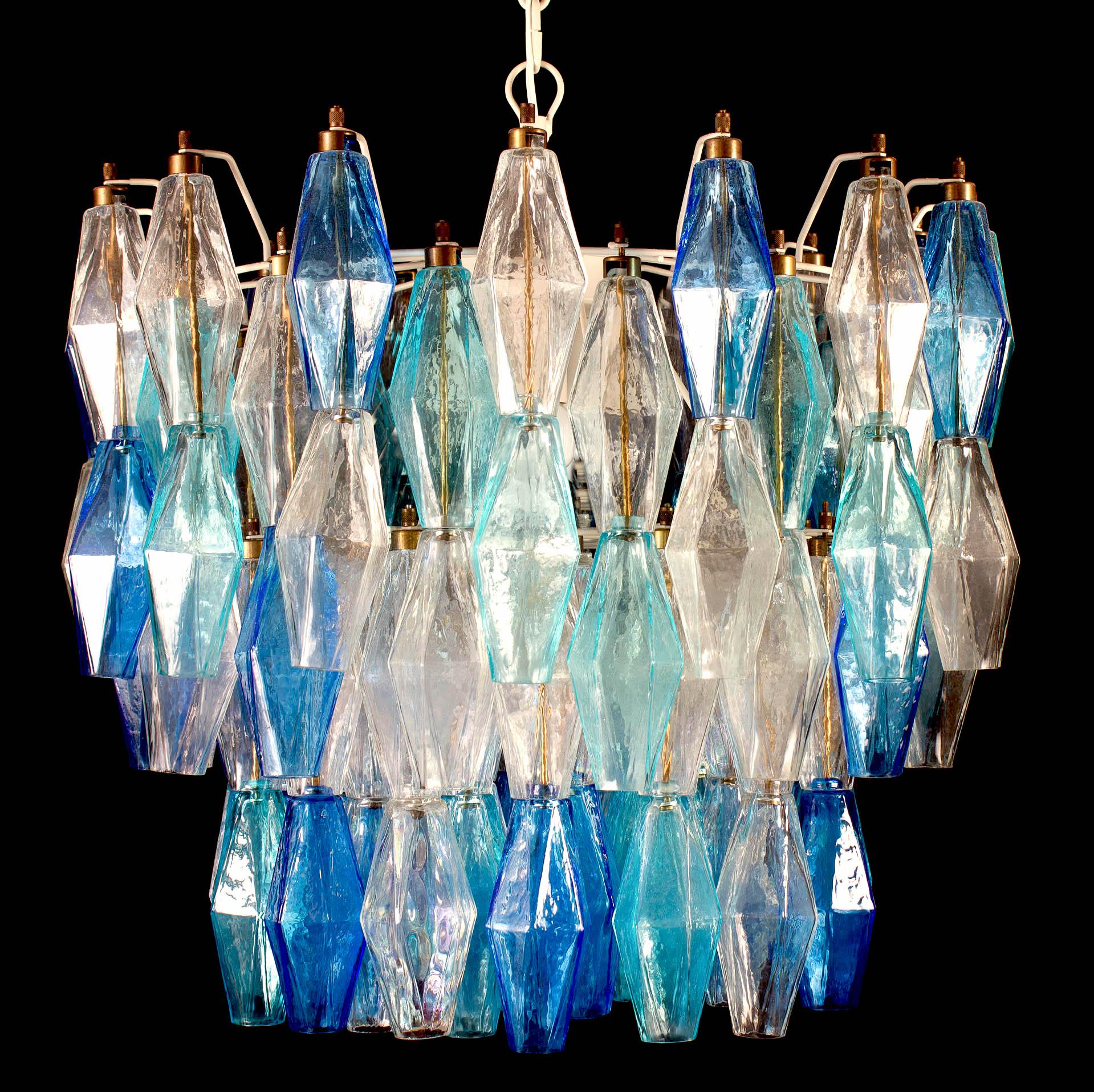 Mid-Century Modern Pair of Sapphire Colored Murano Glass Poliedri Chandelier  For Sale