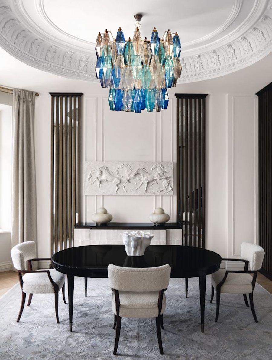 Each chandelier consists of colored Poliedri made of Murano. Ice, heavenly and blue. 
Wired for US standards.
  