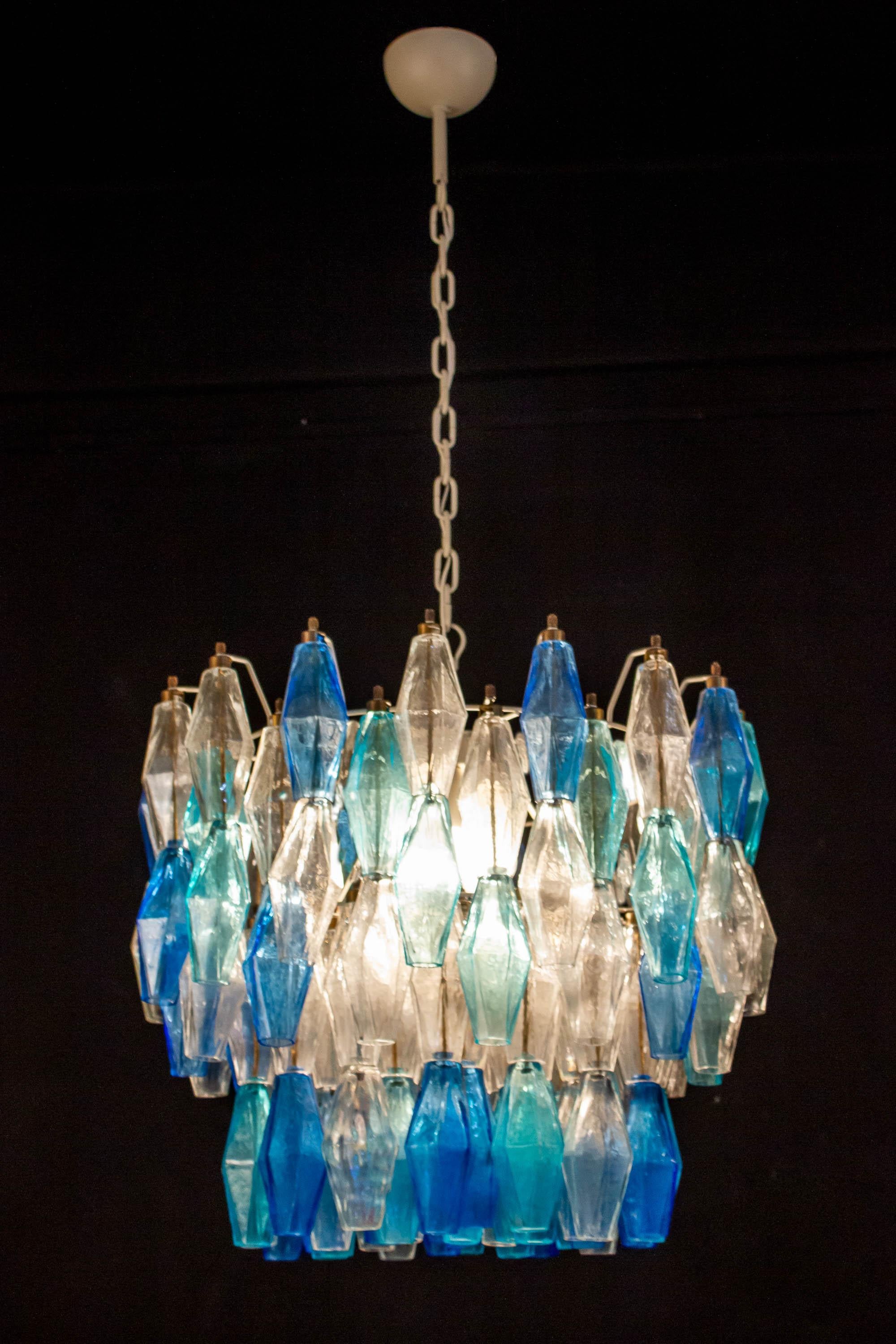 Pair of Sapphire Colored Murano Glass Poliedri Chandelier  For Sale 1