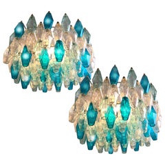 Pair of Murano Glass Poliedri Colored Chandelier in the Style of Carlo Scarpa