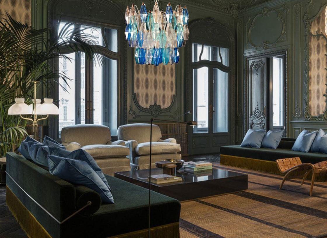 Pair of Murano Glass Poliedri Sapphire Color Chandelier  Style of Carlo Scarpa For Sale 2