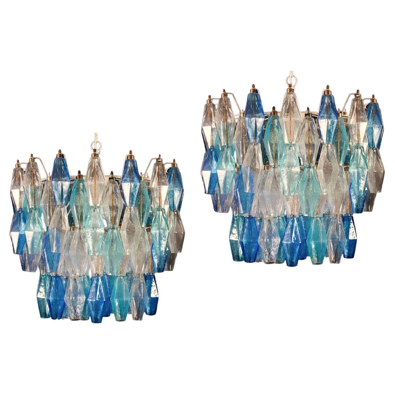 Coppia di lampadari in vetro di Murano Poliedri color Zaffiro  Stile di Carlo Scarpa