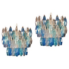 Pair of Murano Glass Poliedri Sapphire Color Chandelier  Style of Carlo Scarpa
