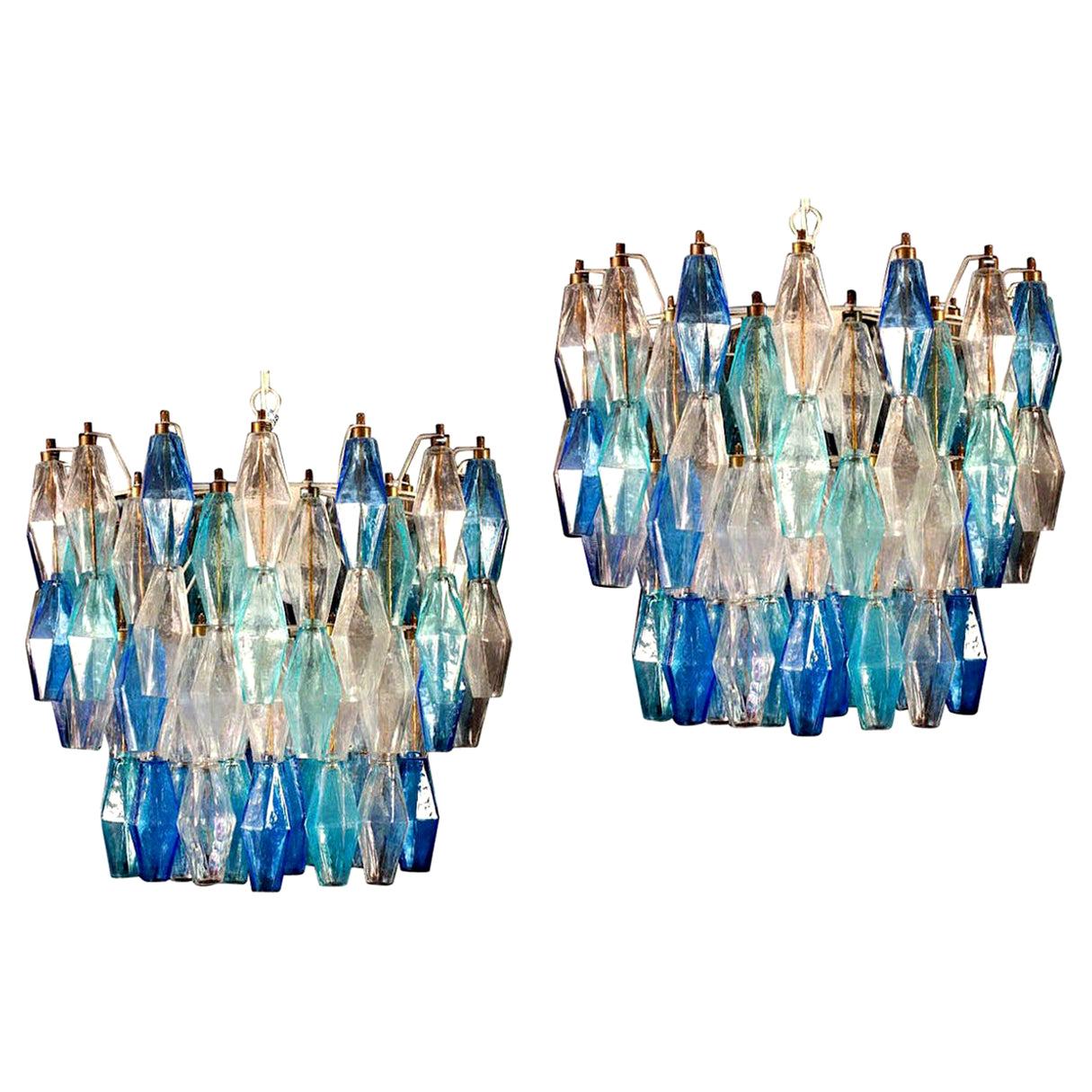 Pair of Murano Glass Sapphire Colored Poliedri Chandelier in the Style C. Scarpa