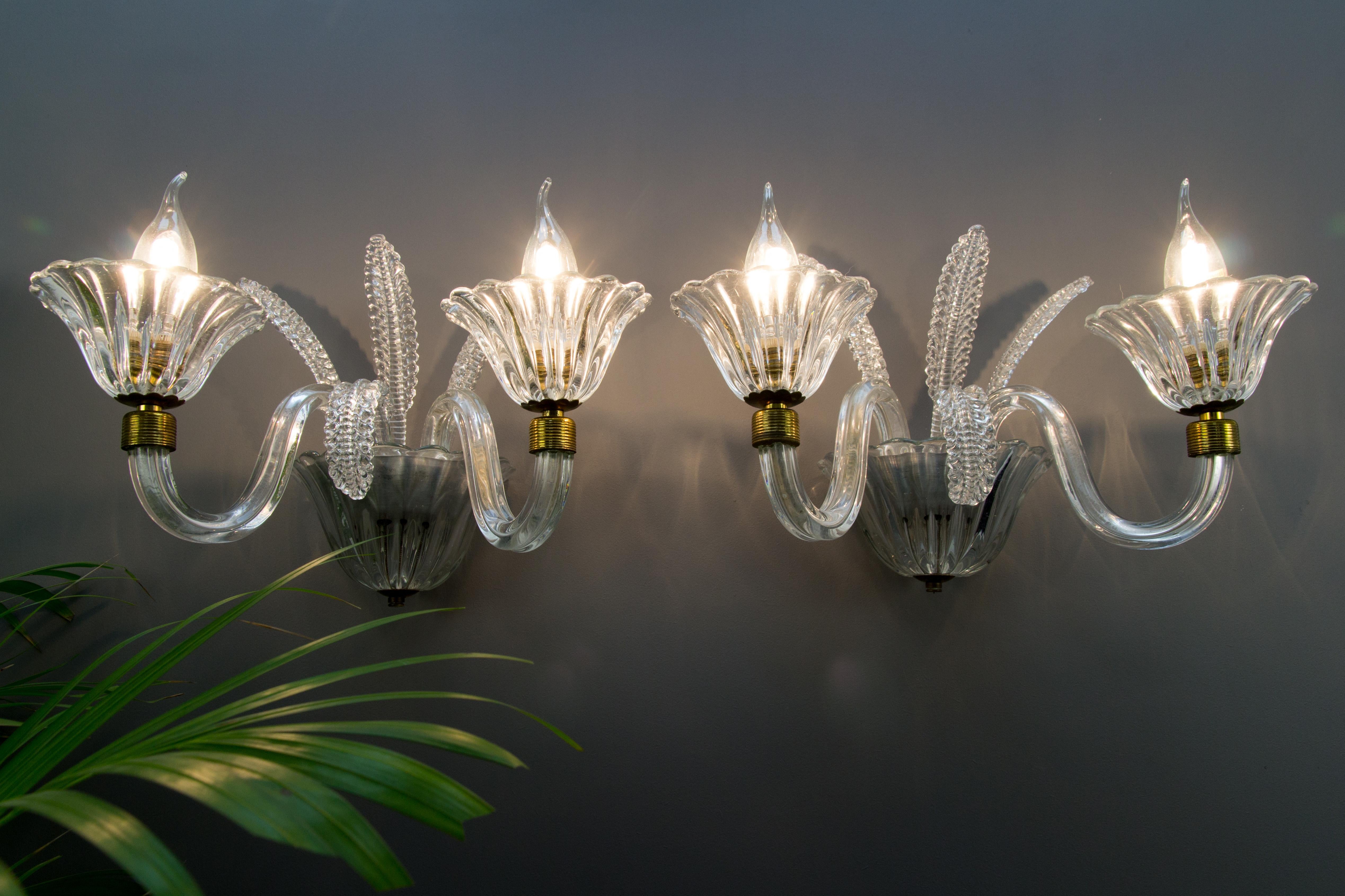 Pair of Murano Two Light Clear Glass Sconces, 1950s 10