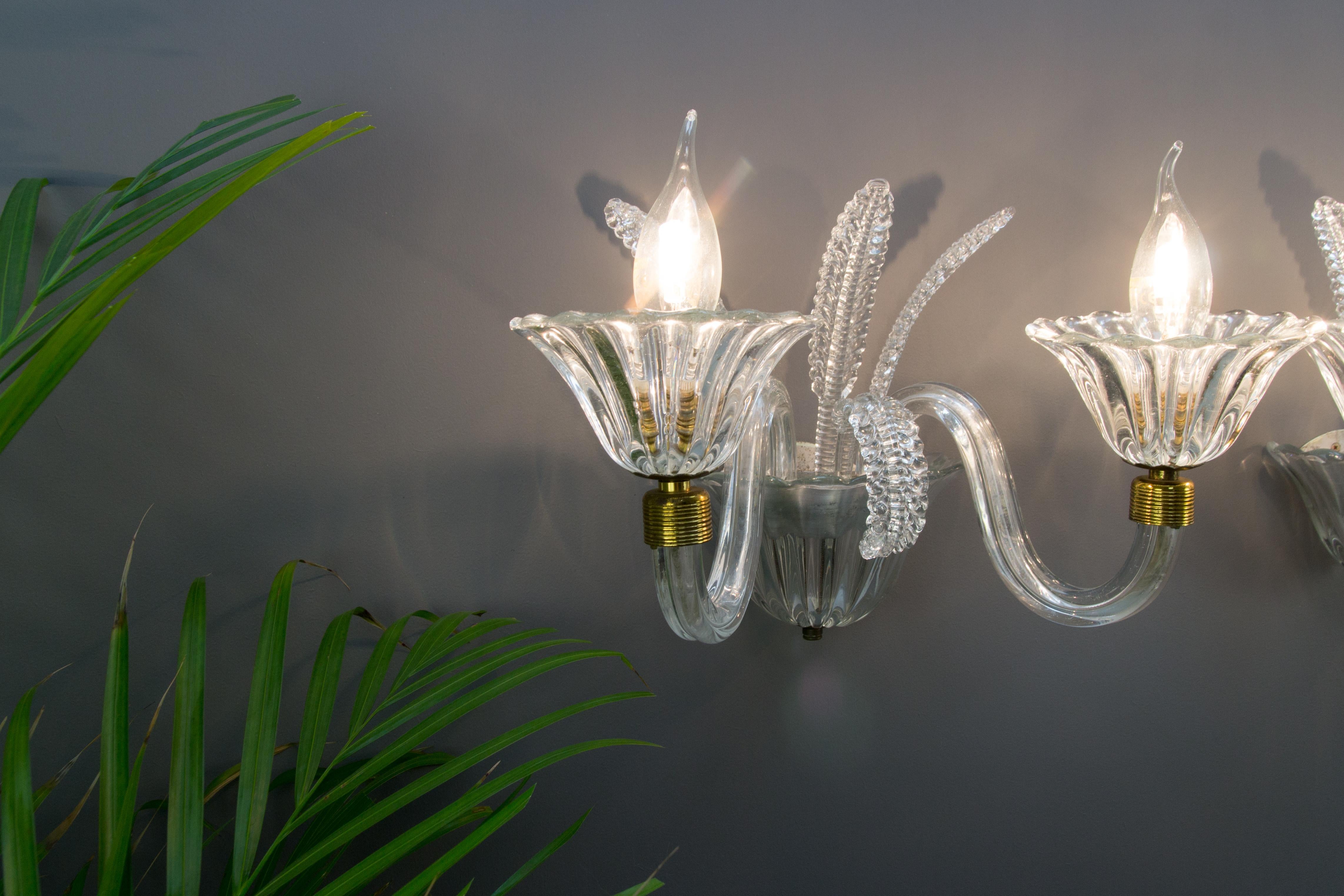 Art Deco Pair of Murano Two Light Clear Glass Sconces, 1950s