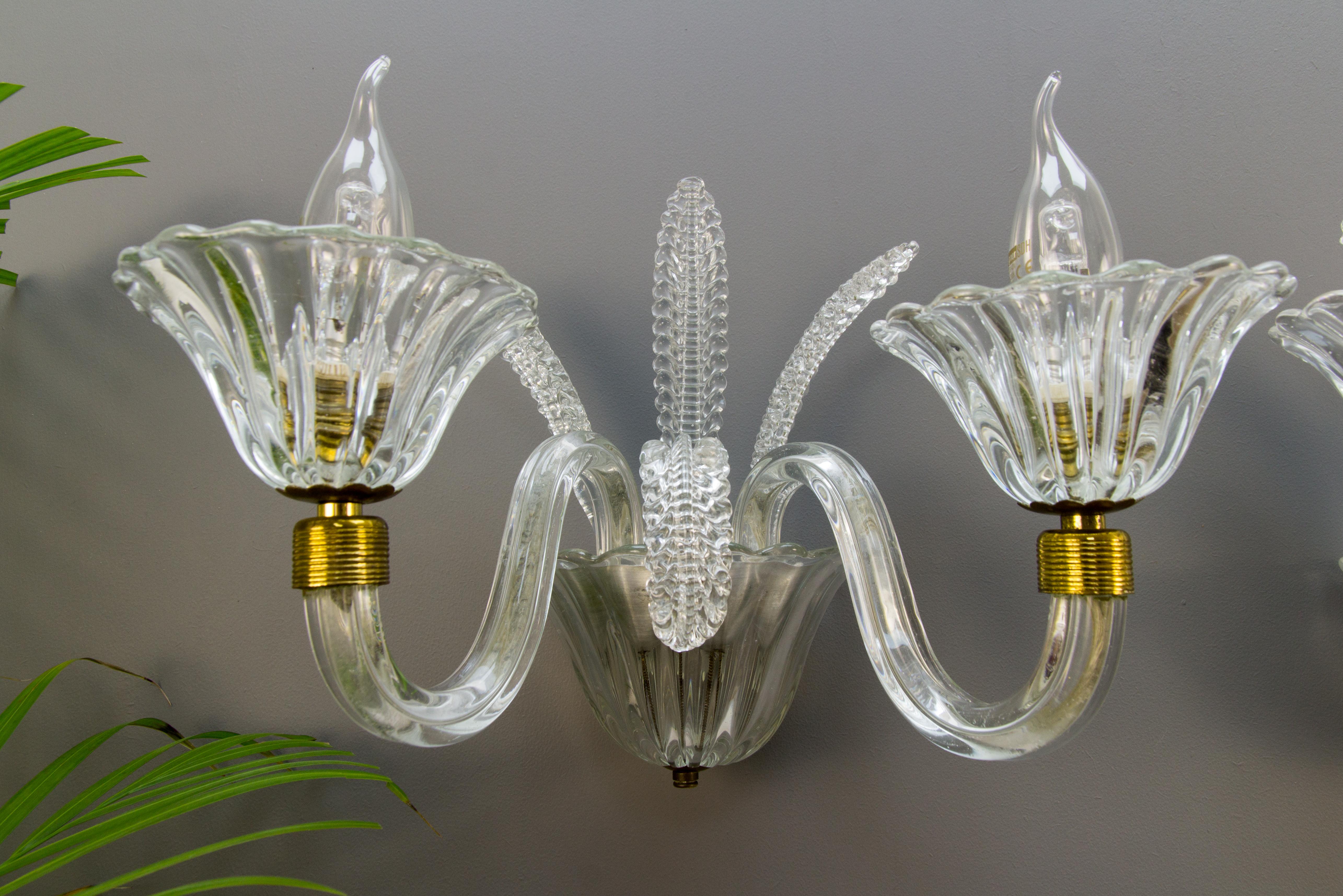 Italian Pair of Murano Two Light Clear Glass Sconces, 1950s