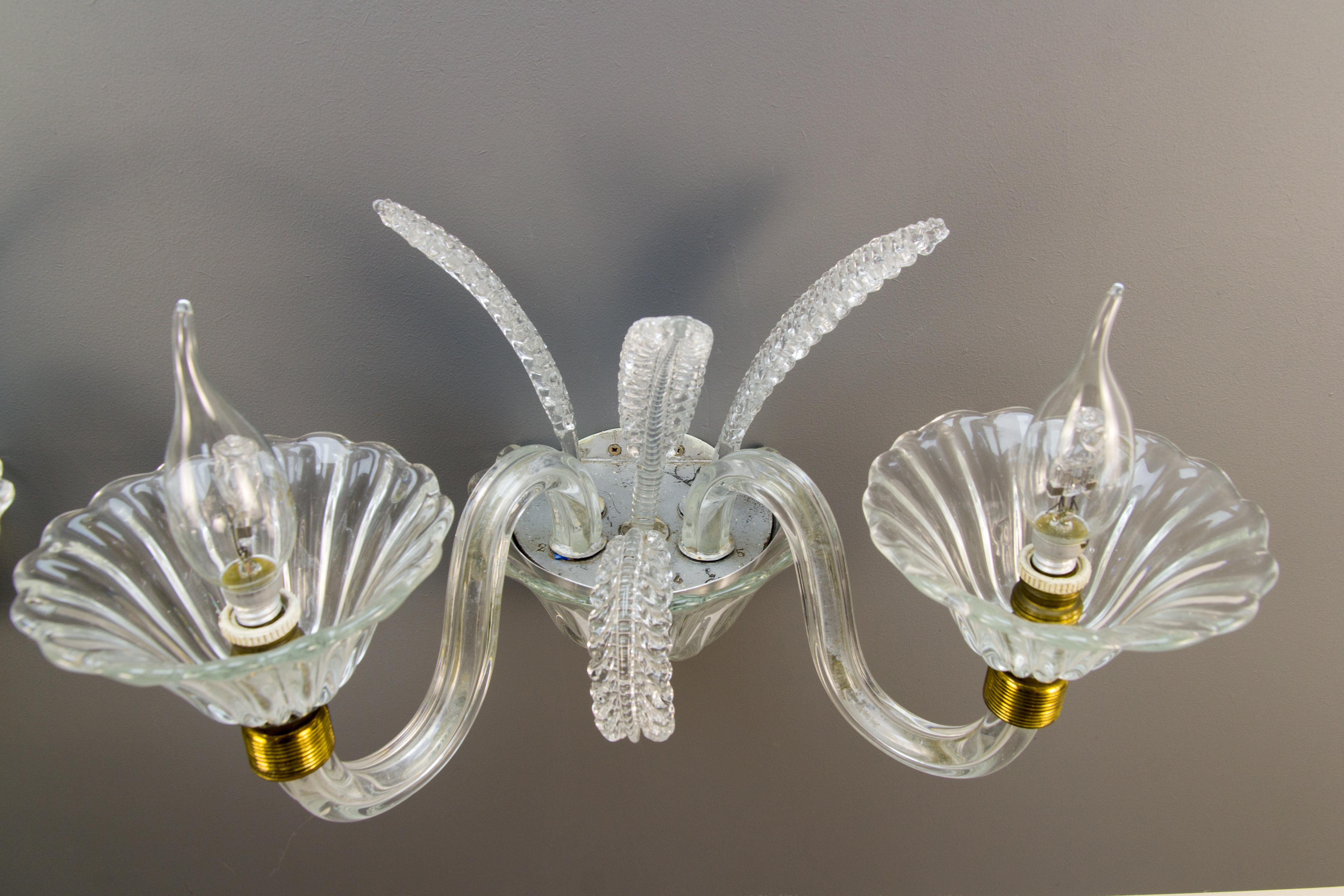Aluminum Pair of Murano Two Light Clear Glass Sconces, 1950s