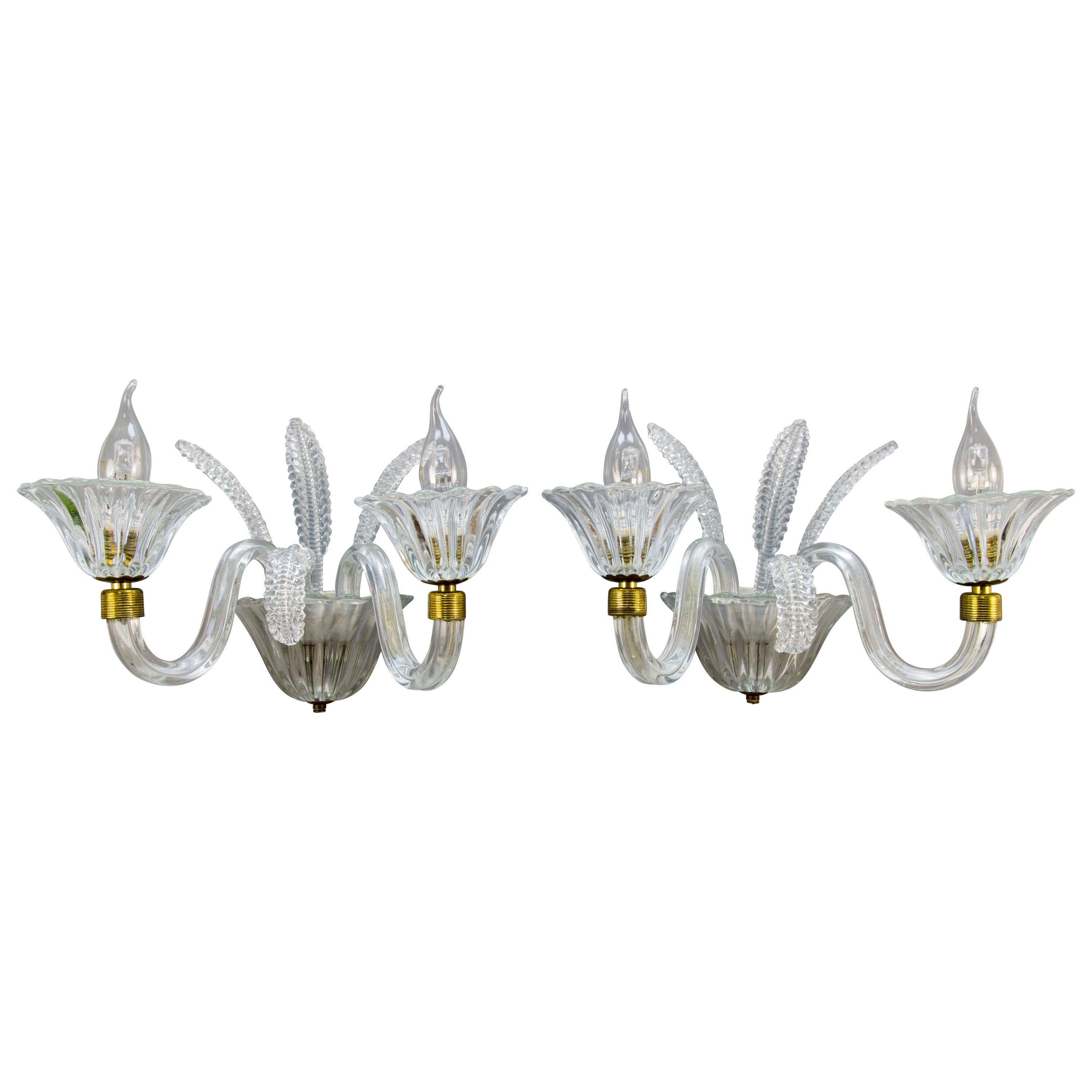 Pair of Murano Two Light Clear Glass Sconces, 1950s