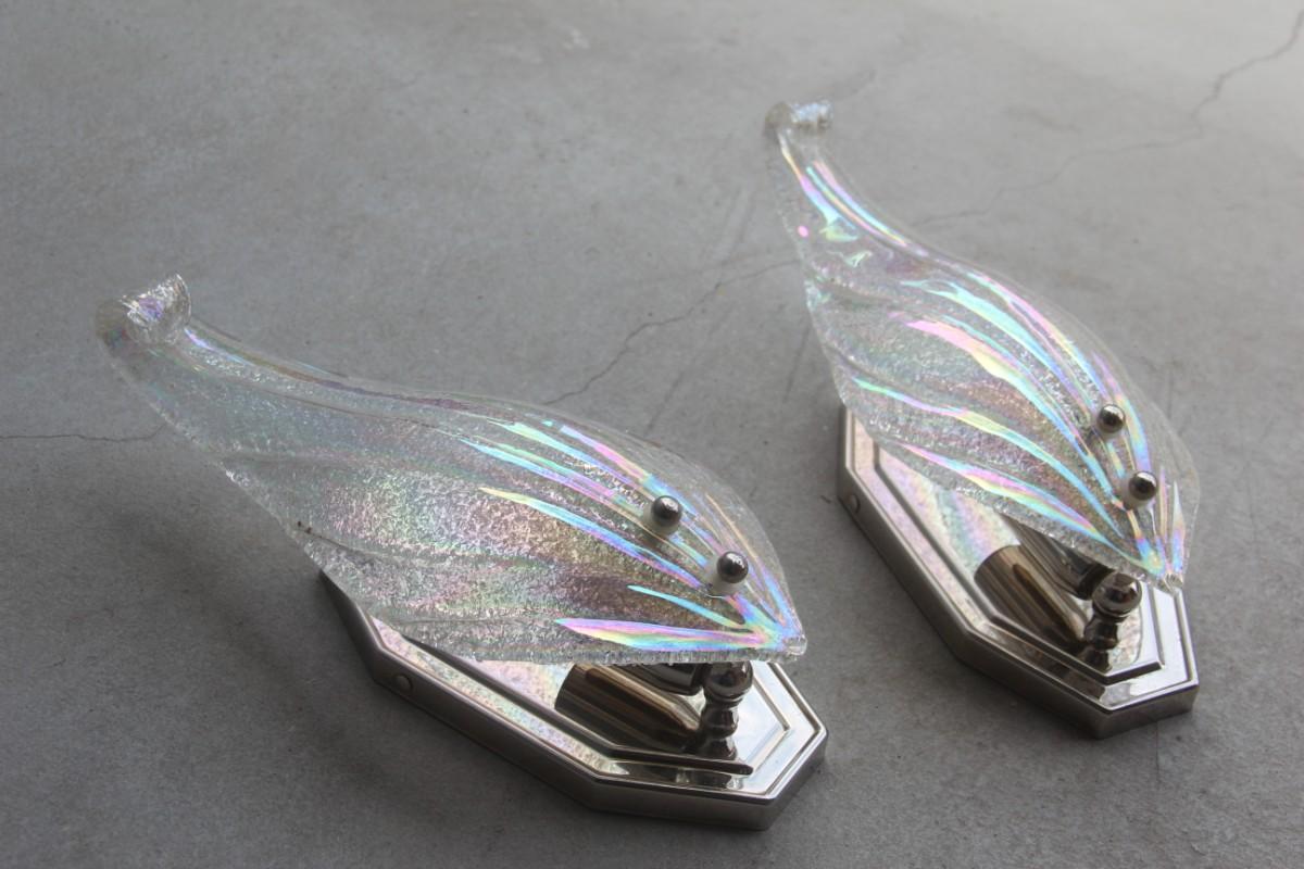 Pair of Murano glass sconces, 1970s Italian design metal chrome.