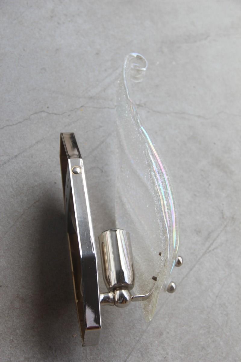 Pair of Murano Glass Sconces, 1970s Italian Design Metal Chrome 1