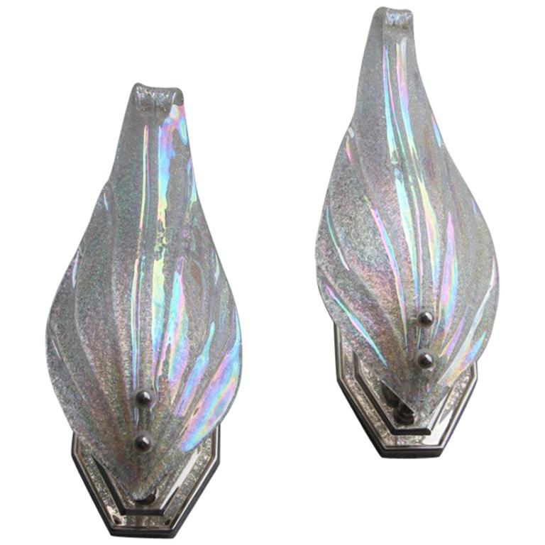 Pair of Murano Glass Sconces, 1970s Italian Design Metal Chrome