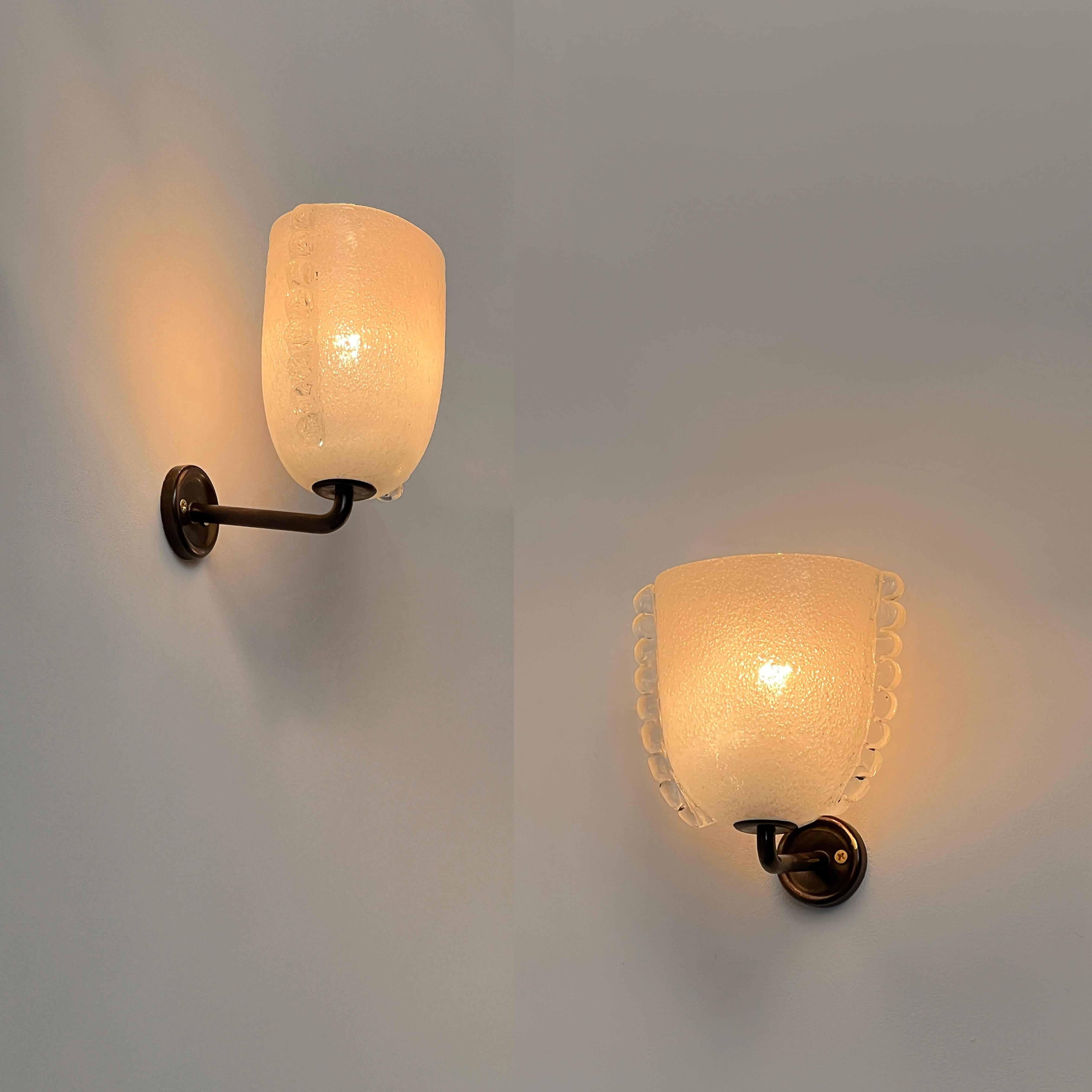 Brass Pair of Murano glass sconces, attributed to Carlo Scarpa. Italy, 1930/40s