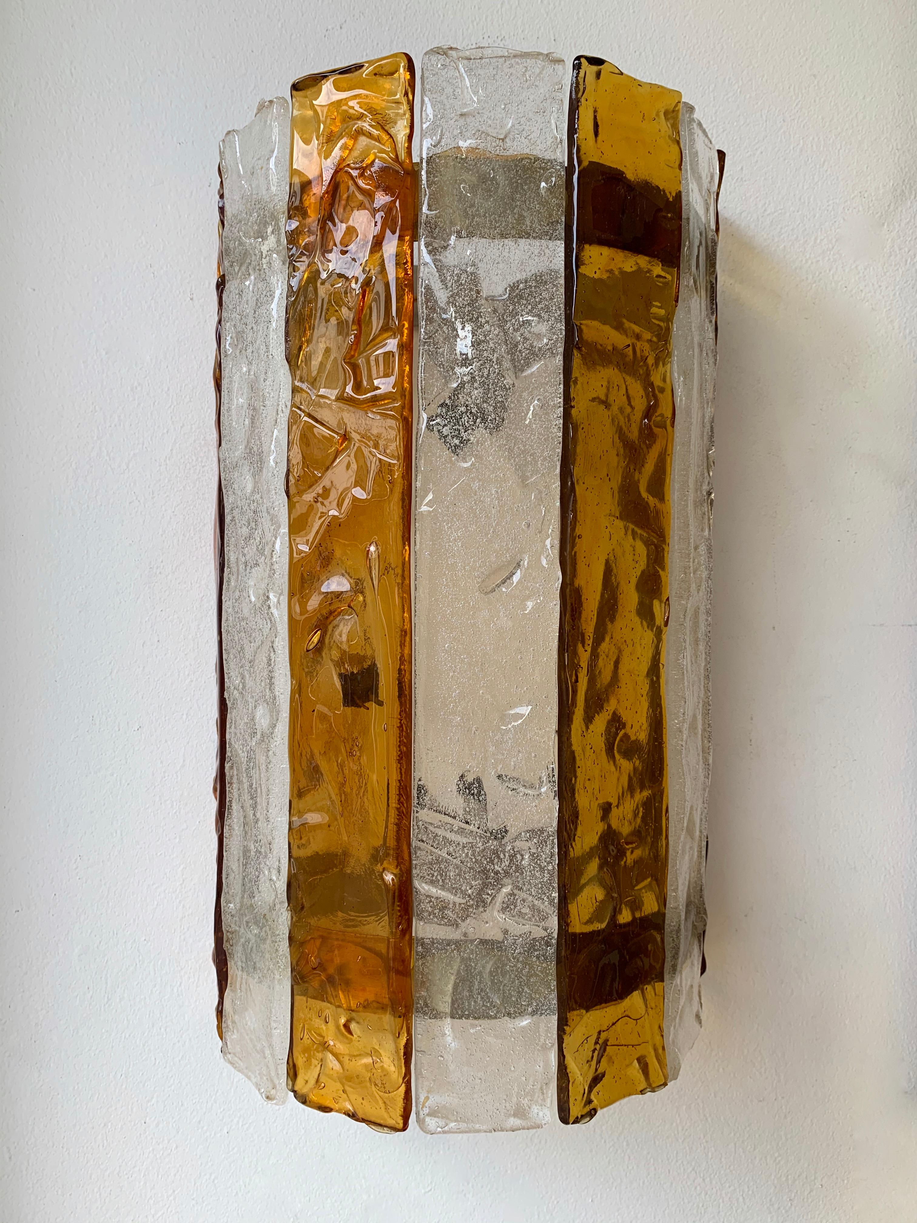 Amber and clear Murano glass and metal wall lights lamps sconces by the manufacture Mazzega Murano. Famous design like Venini, Aldo Carlo Nason, Poliarte, La Murrina, Vistosi.