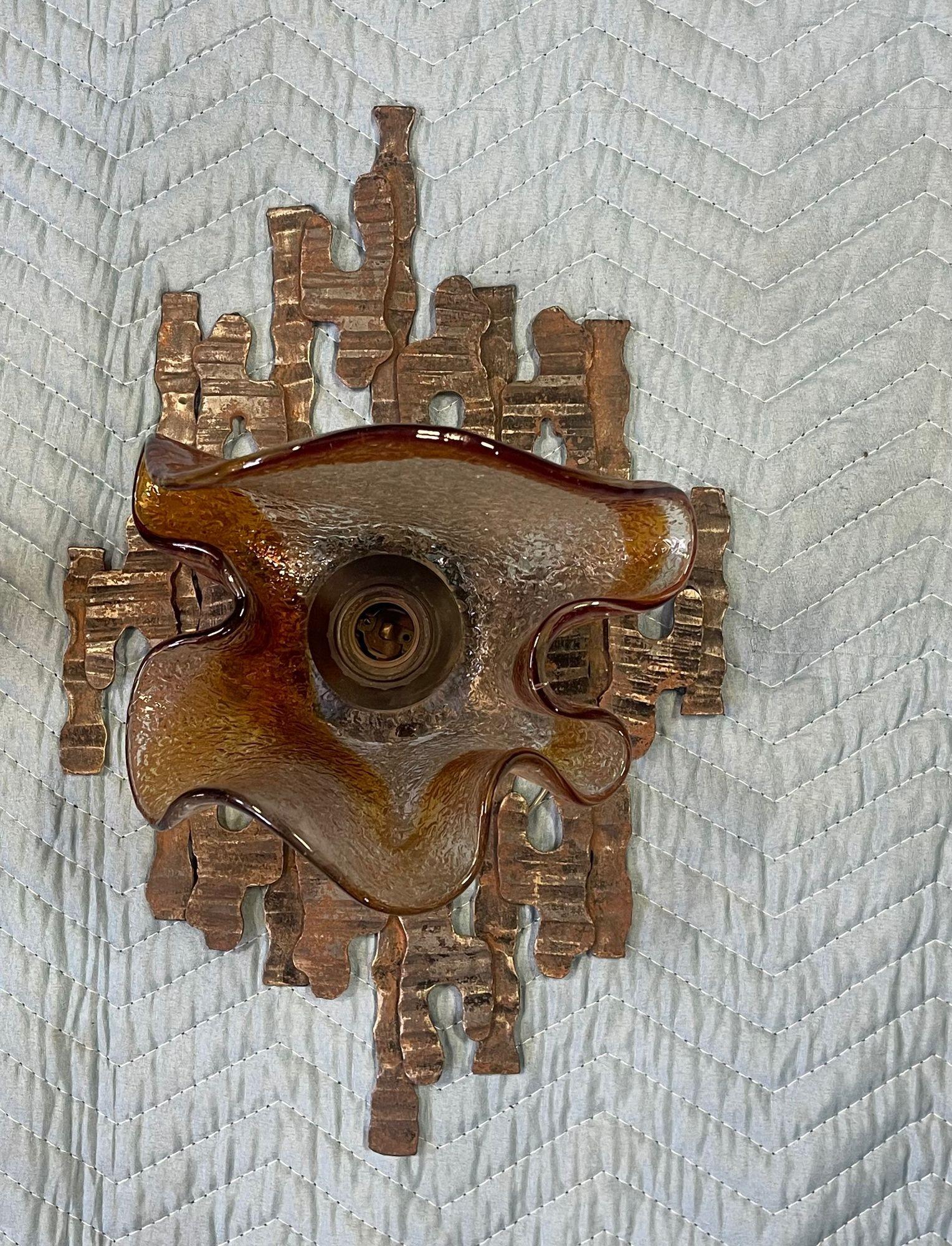 Pair of Murano Glass Sconces by Mazzega on Brutalist Metal Frames. Italy, 1970's For Sale 5
