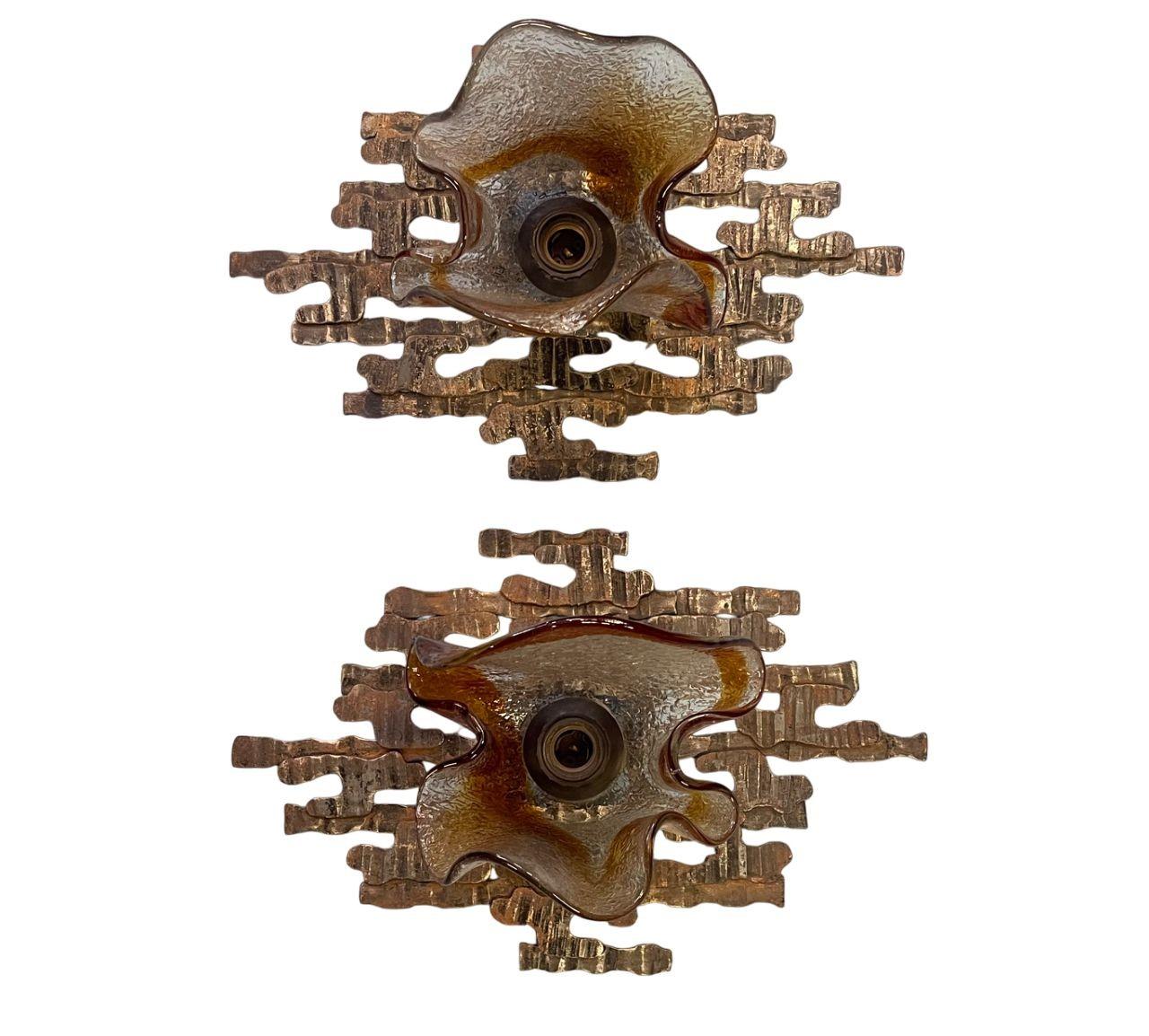 Italian Pair of Murano Glass Sconces by Mazzega on Brutalist Metal Frames. Italy, 1970's For Sale