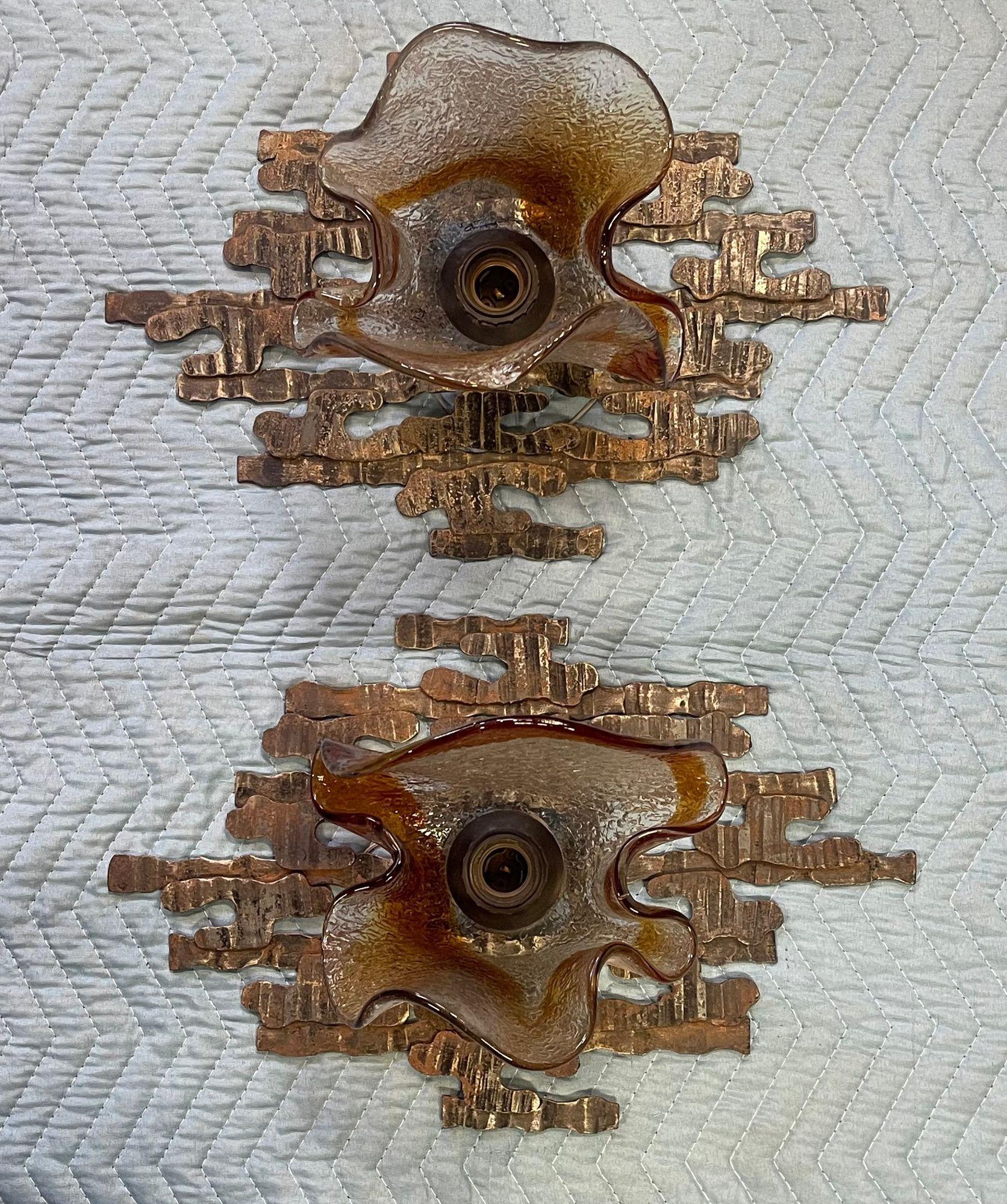 Pair of Murano Glass Sconces by Mazzega on Brutalist Metal Frames. Italy, 1970's In Excellent Condition For Sale In Los Angeles, CA