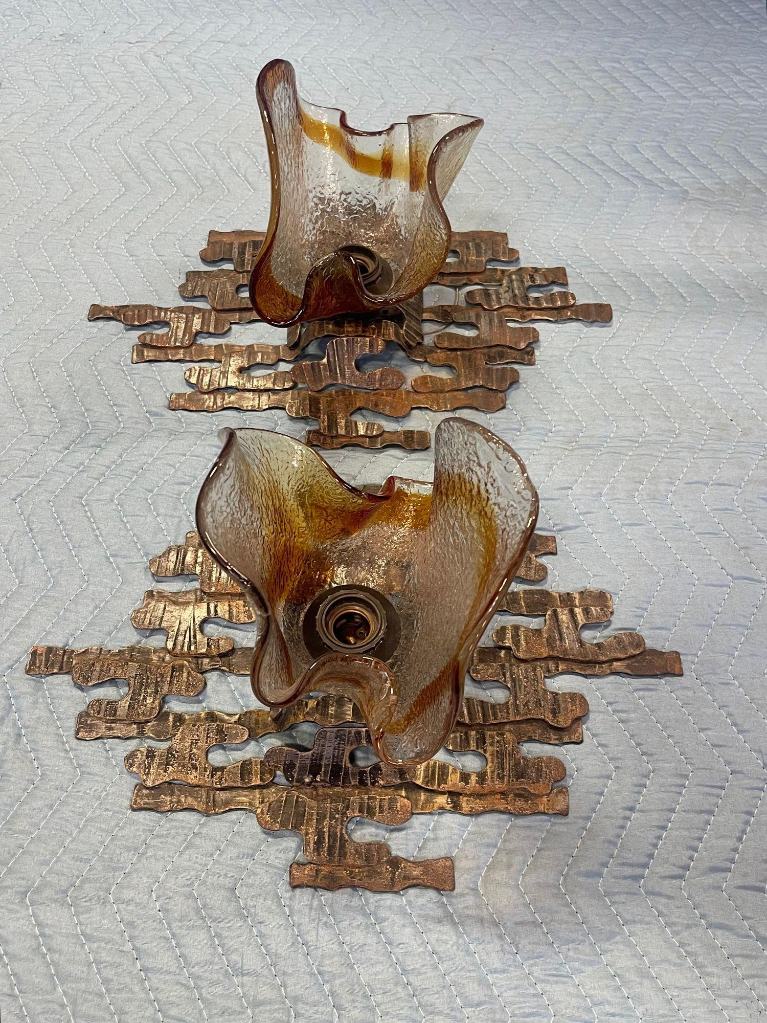 Pair of Murano Glass Sconces by Mazzega on Brutalist Metal Frames. Italy, 1970's For Sale 1