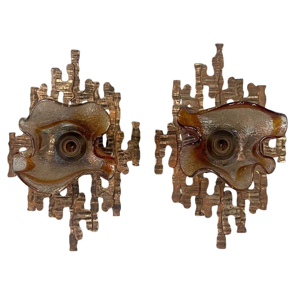 Pair of Murano Glass Sconces by Mazzega on Brutalist Metal Frames. Italy, 1970's For Sale