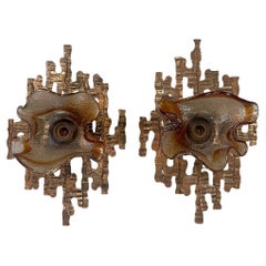 Pair of Murano Glass Sconces by Mazzega on Brutalist Metal Frames. Italy, 1970's