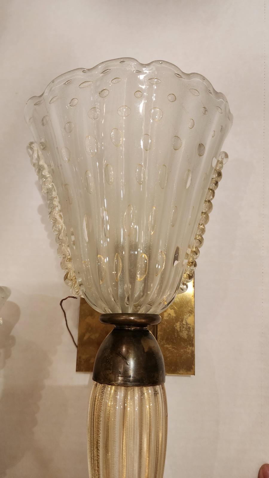Brass Pair of Murano Glass Sconces For Sale