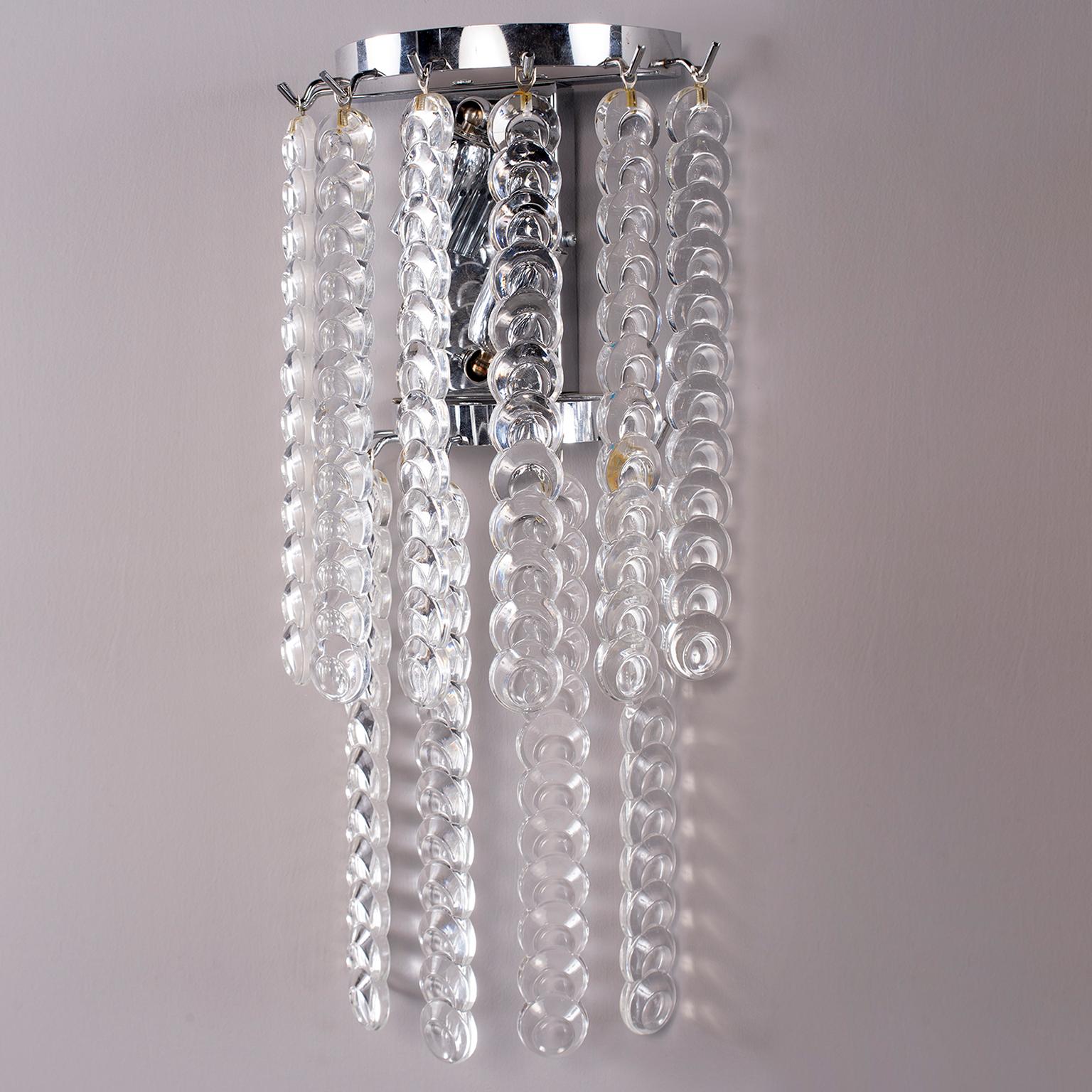 Italian Pair of Murano Glass Sconces with Strands of Clear Glass Disks