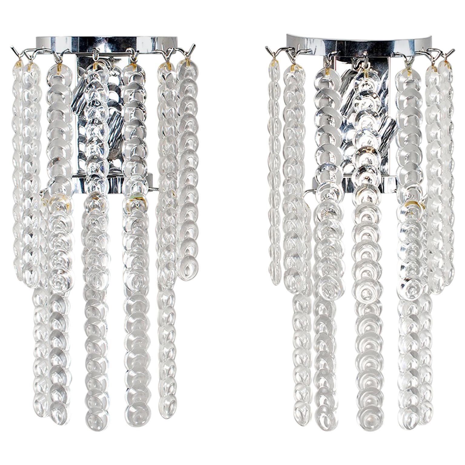 Pair of Murano Glass Sconces with Strands of Clear Glass Disks