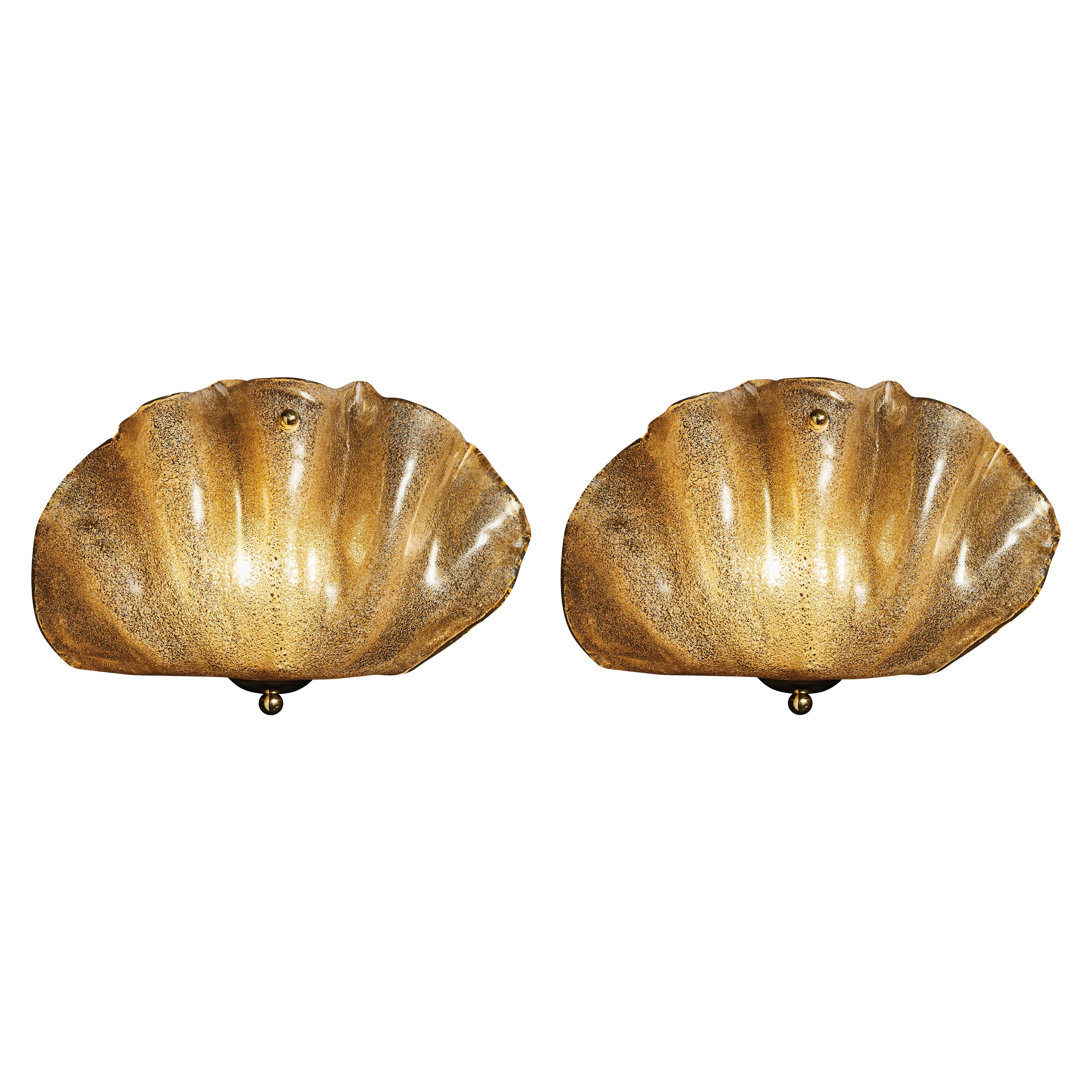 Pair of Murano Glass Shell Wall Sconces For Sale