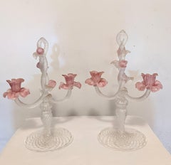 Pair of Murano Glass Silver Flecked Rose Candelabra
