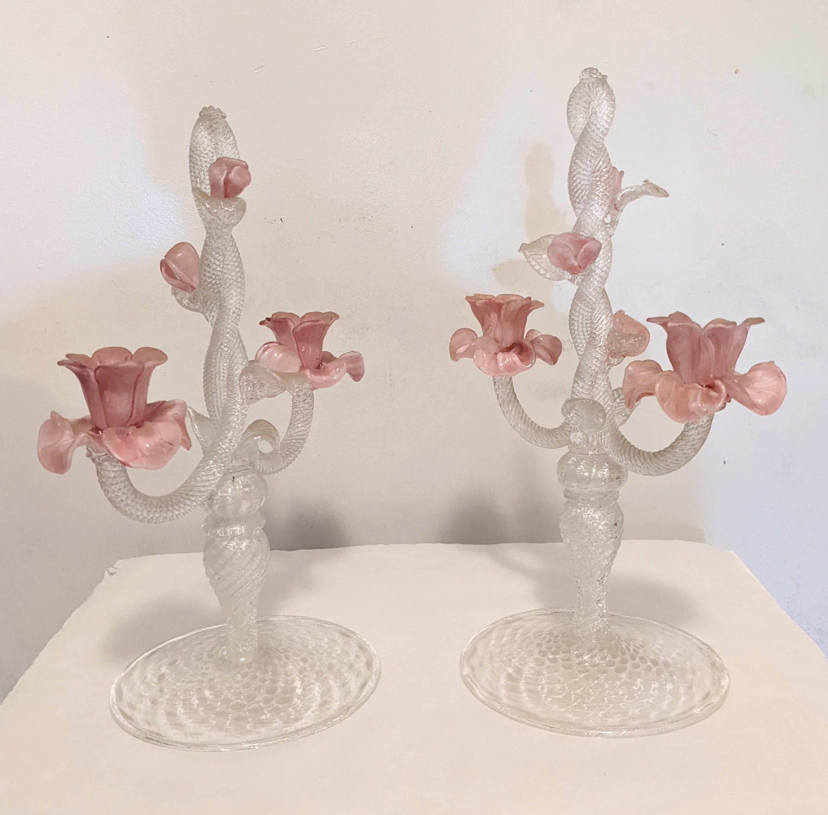 Baroque Pair of Murano Glass Silver Flecked Rose Candelabra For Sale