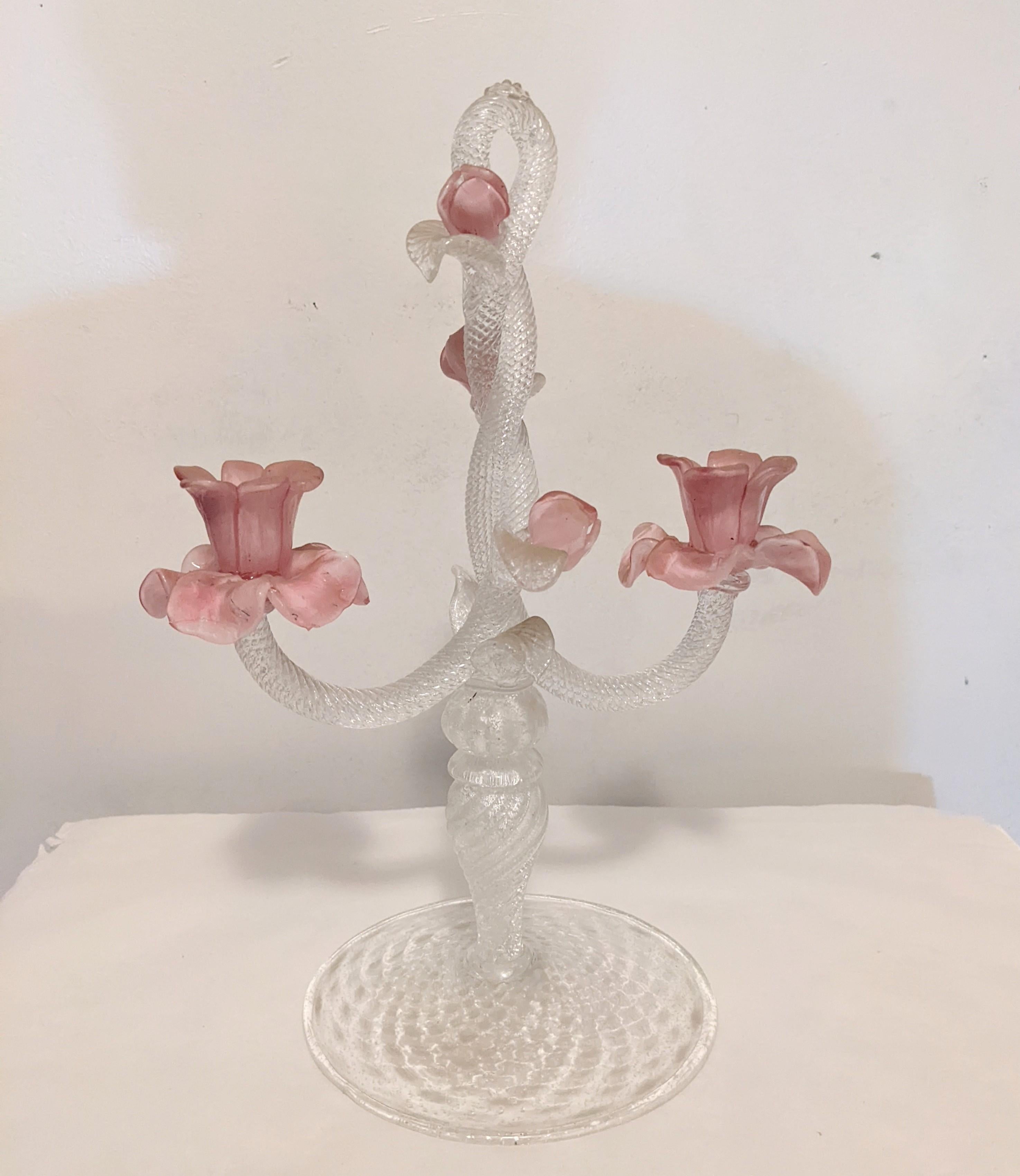 Italian Pair of Murano Glass Silver Flecked Rose Candelabra For Sale
