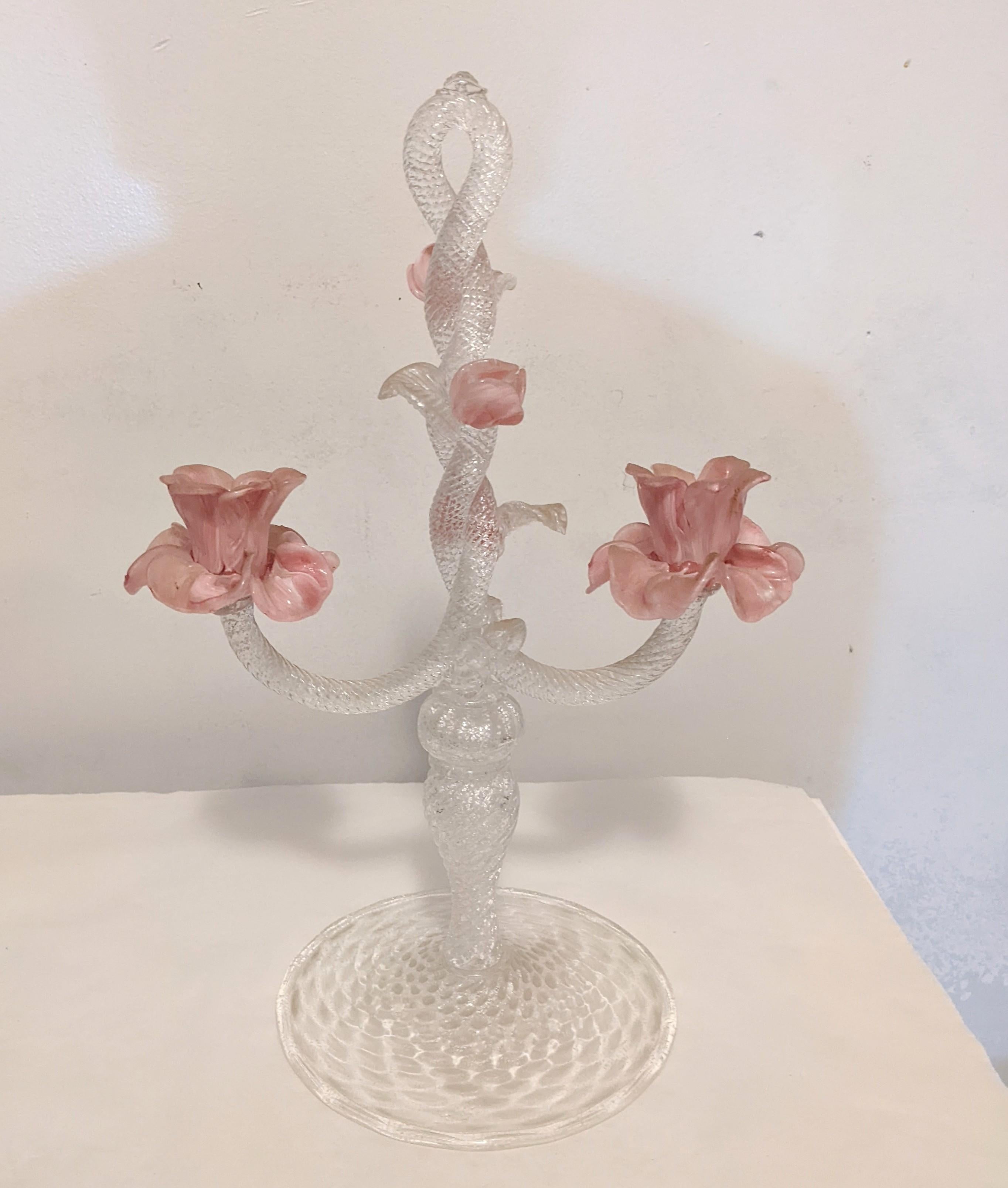 Pair of Murano Glass Silver Flecked Rose Candelabra In Excellent Condition For Sale In Riverdale, NY
