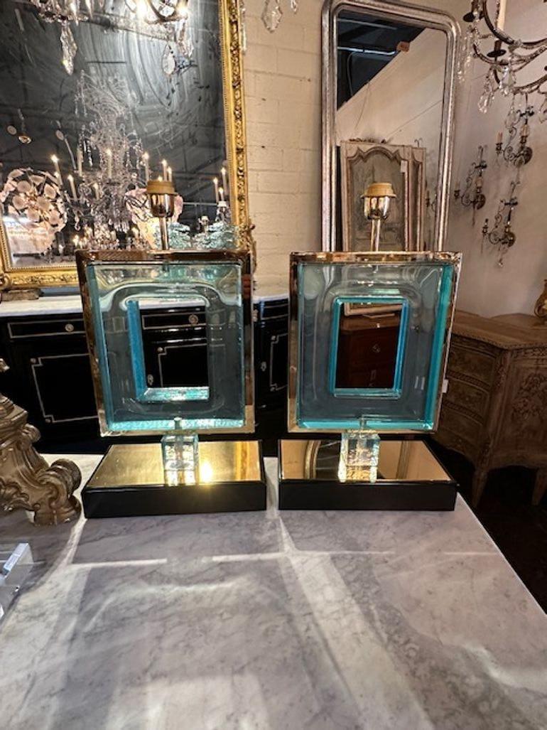 Great pair of modern Murano glass and brass square lamps in blue. Circa 2000. Perfect for today's transitional designs!