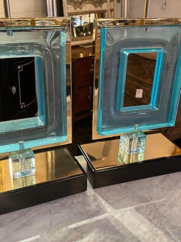 Pair of Murano Glass Square Lamps In Good Condition For Sale In Dallas, TX