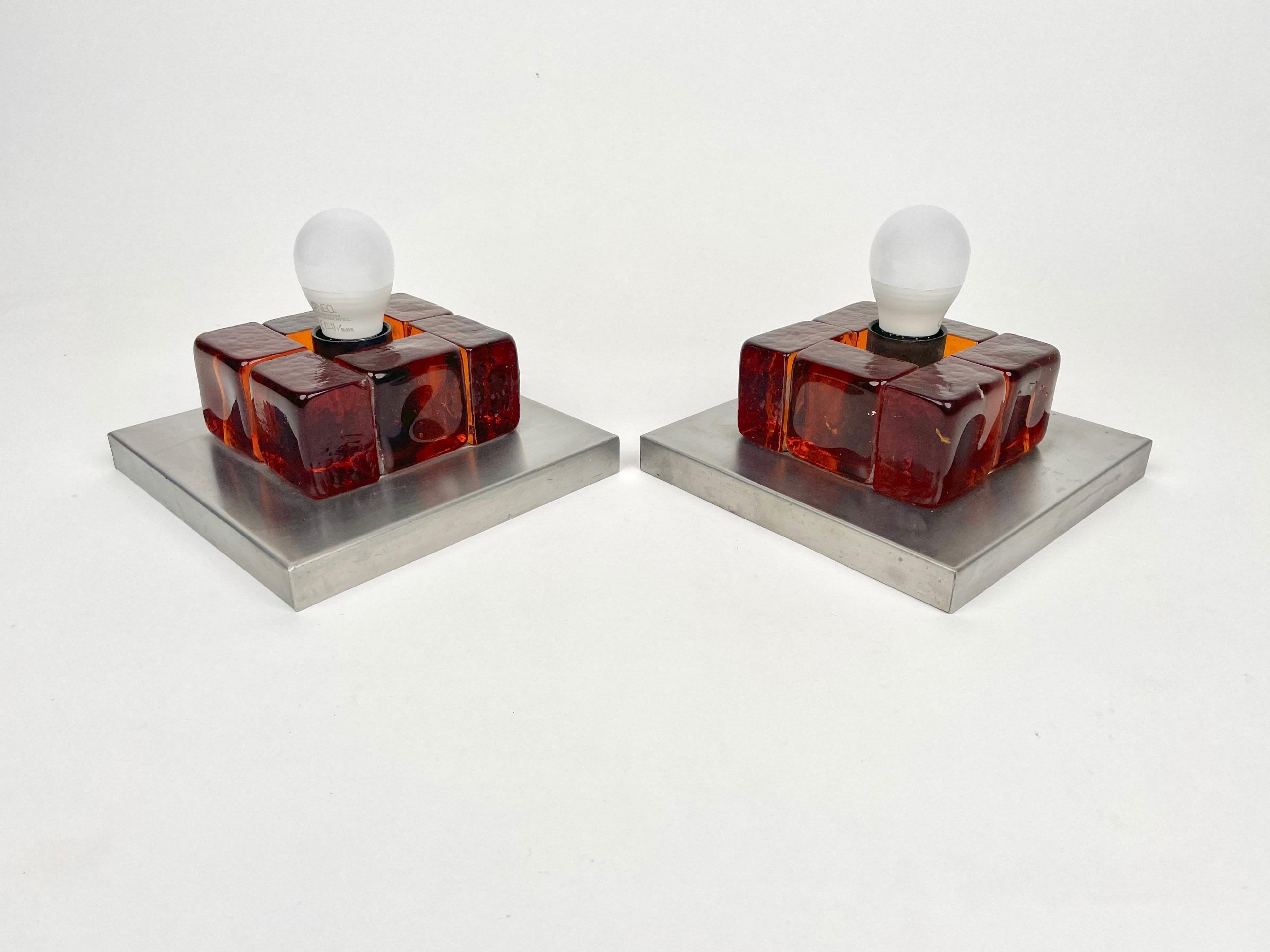 Mid-Century Modern Pair of Murano Glass & Steel Sconces by Albano Poli for Poliarte Italy, 1970s