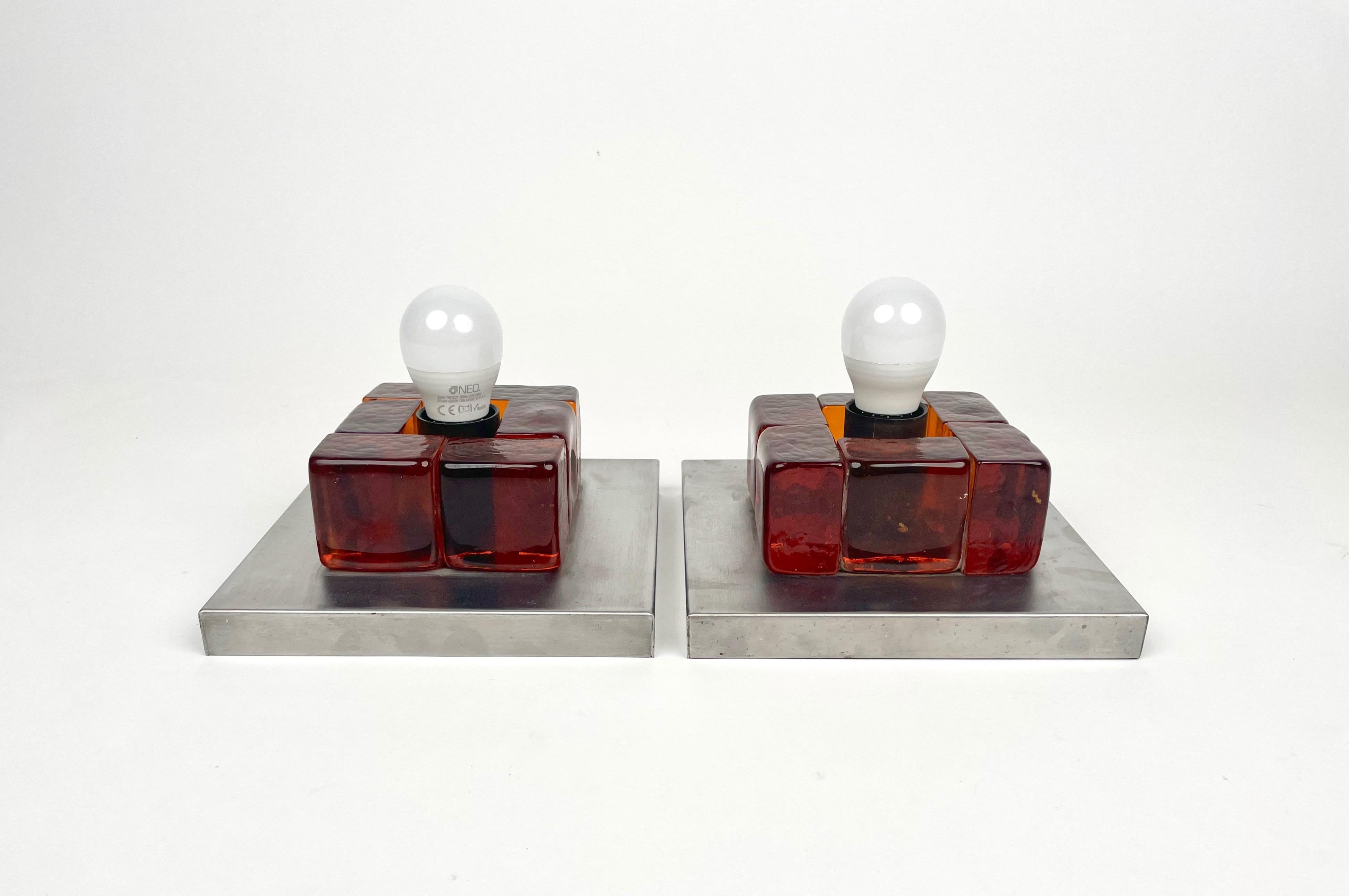 Italian Pair of Murano Glass & Steel Sconces by Albano Poli for Poliarte Italy, 1970s