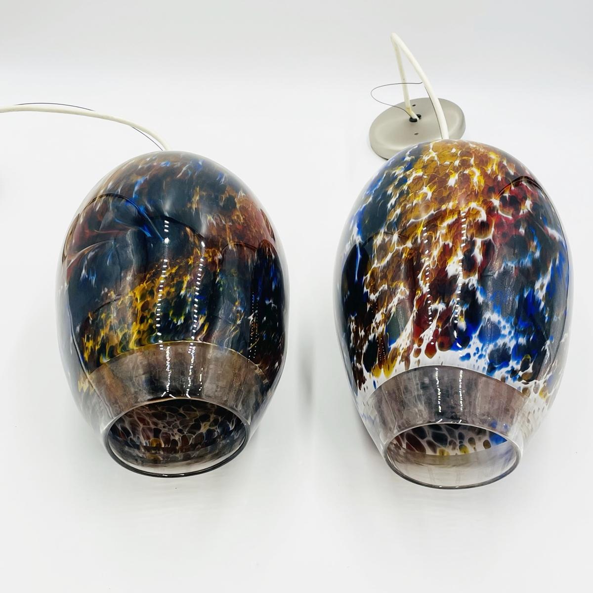 Art Glass Pair of Murano Glass Style Pendant Lights, Signed & Dated For Sale