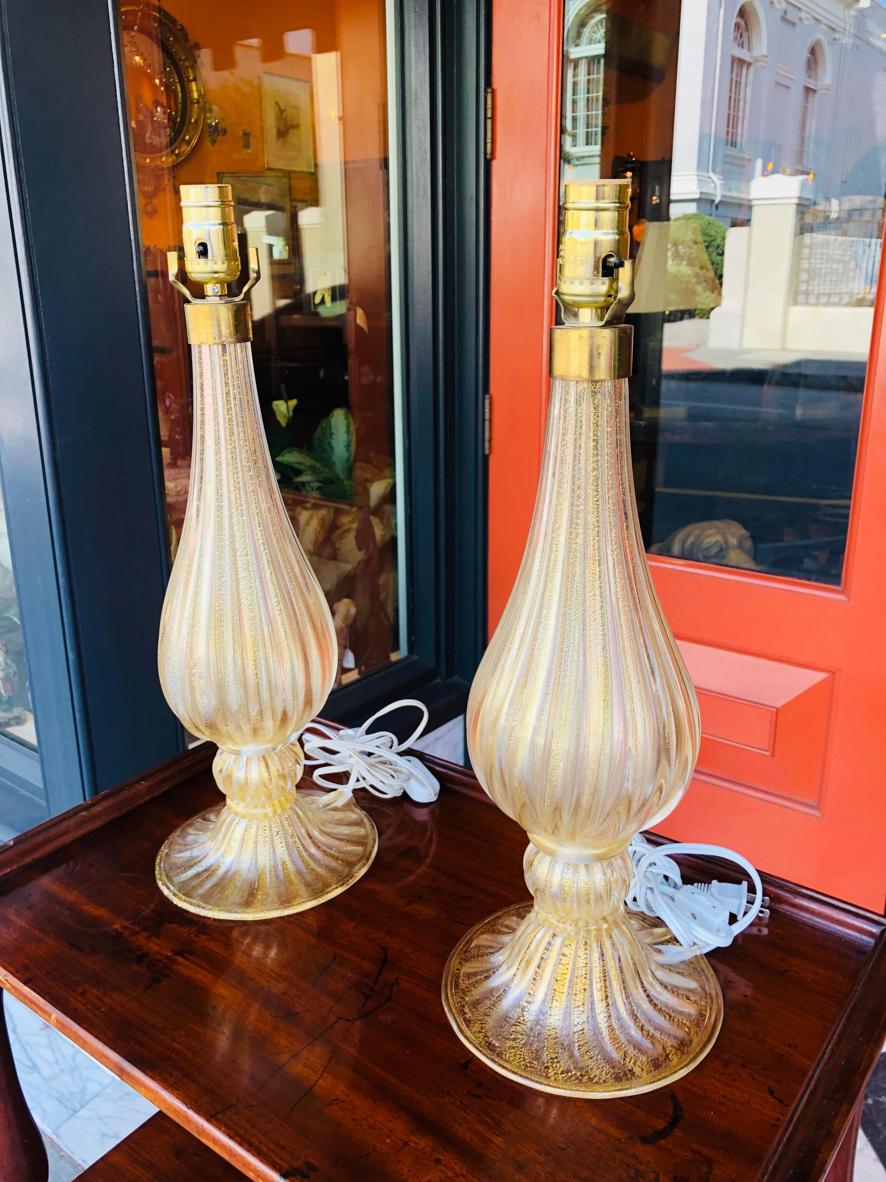 Pair of Murano glass style table lamps with gold accents.