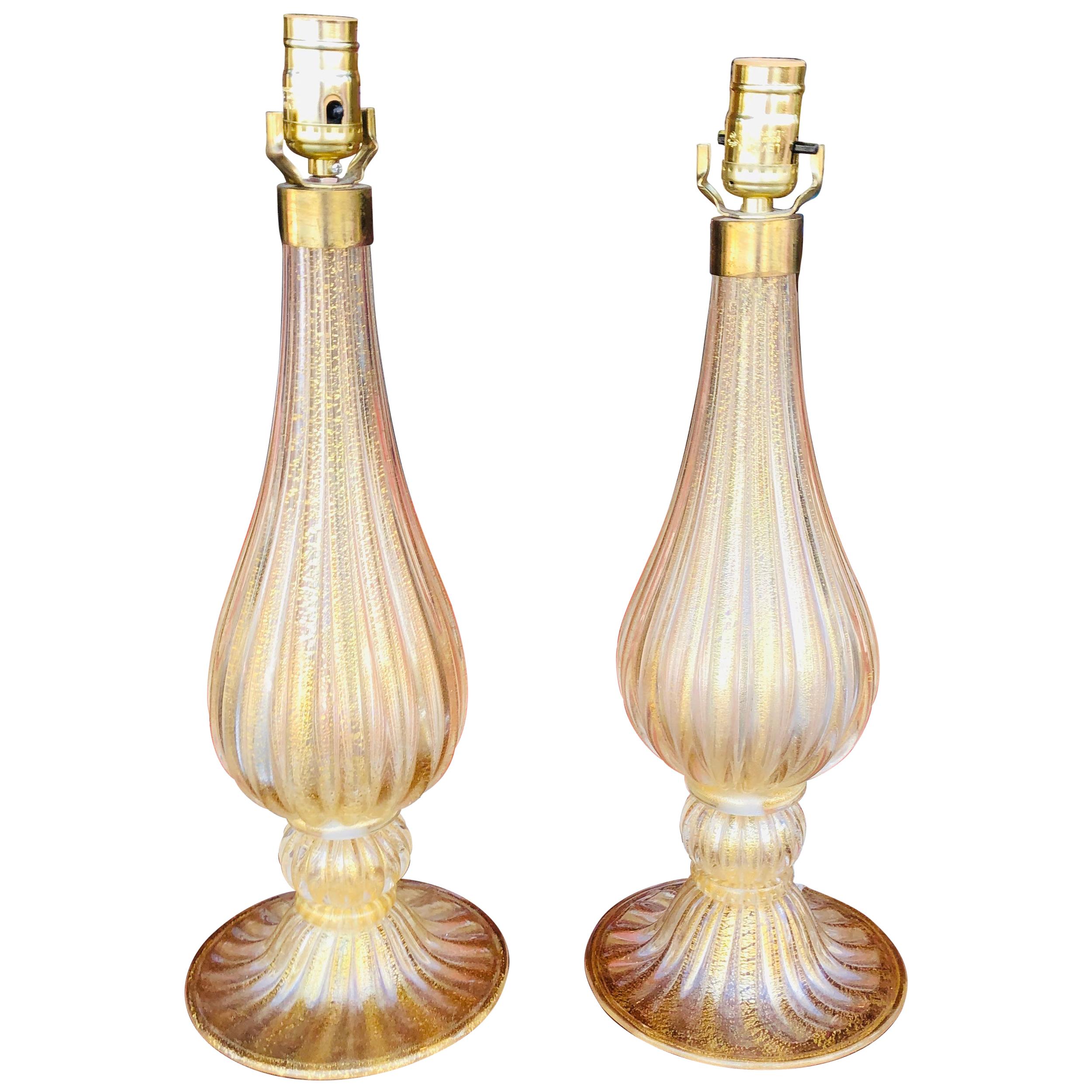 Pair of Murano Glass Style Table Lamps with Gold Accents For Sale