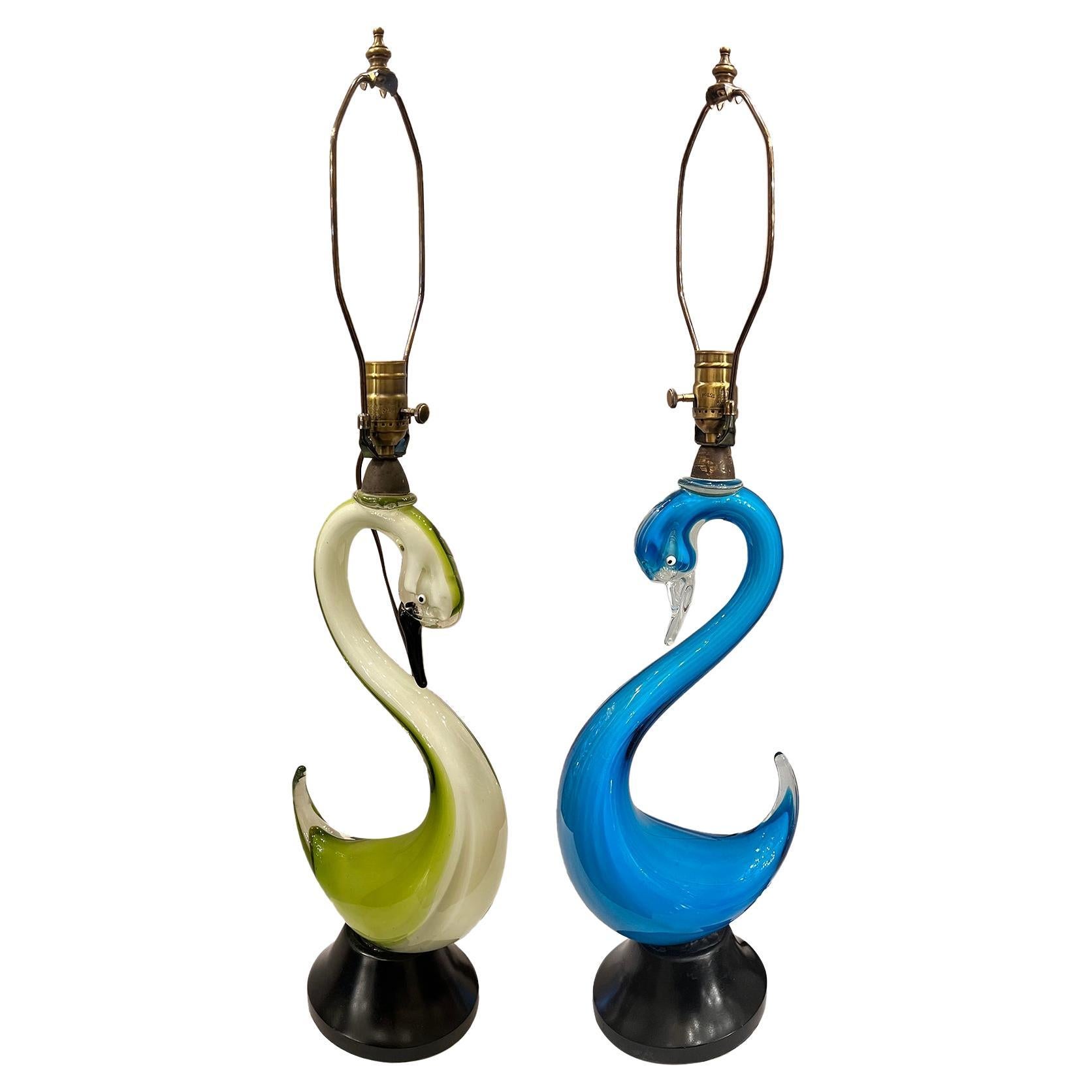 Pair of Murano Glass Swan Lamps For Sale