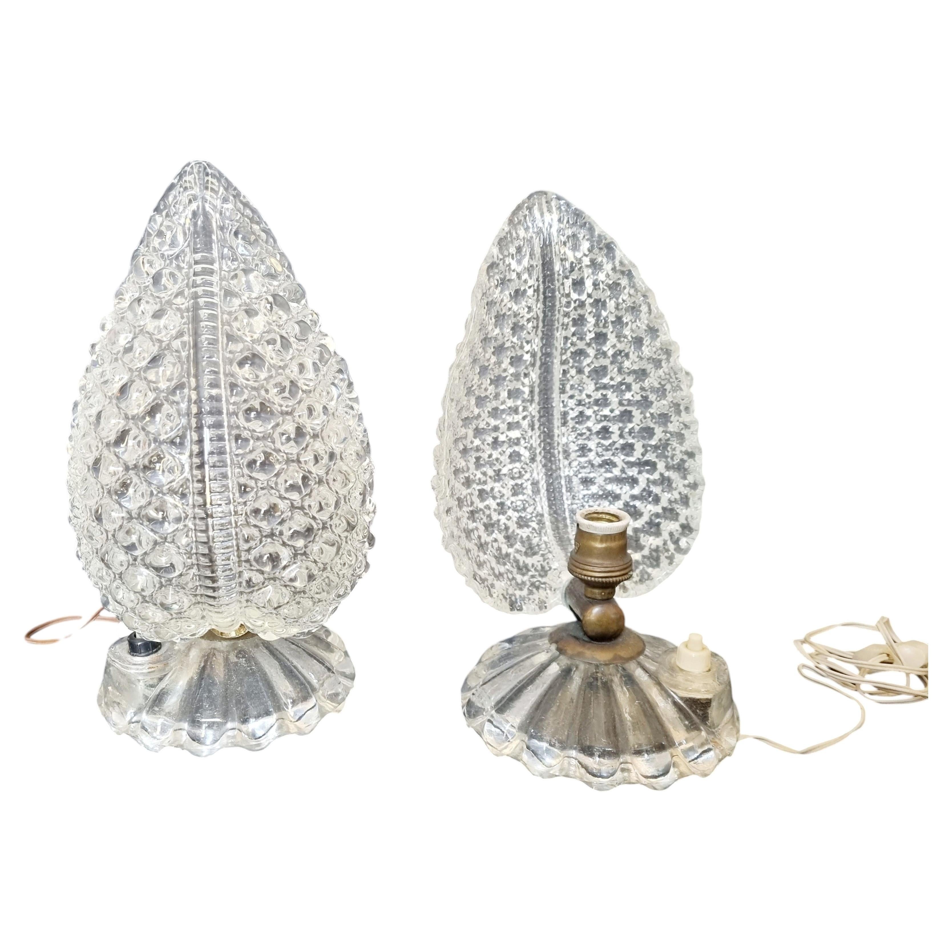 Paire de lampes de table en verre de Murano par Barovier, Italie années 40