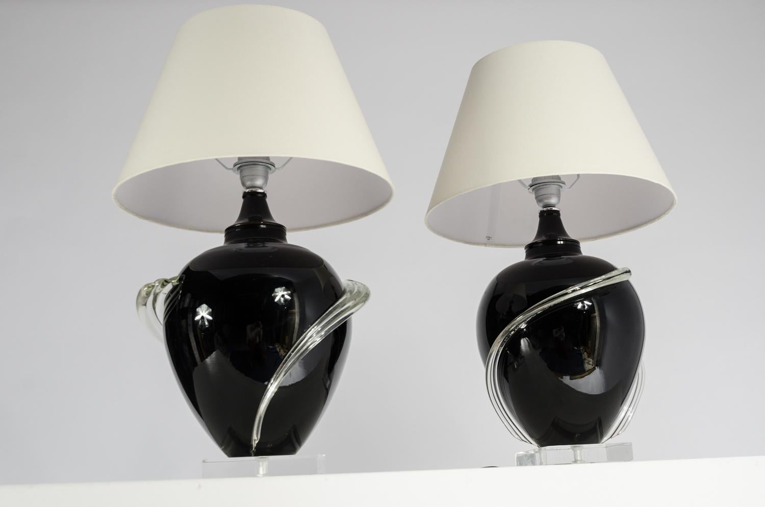 italien Paire de lampes de bureau en verre de Murano, vers 1980 en vente