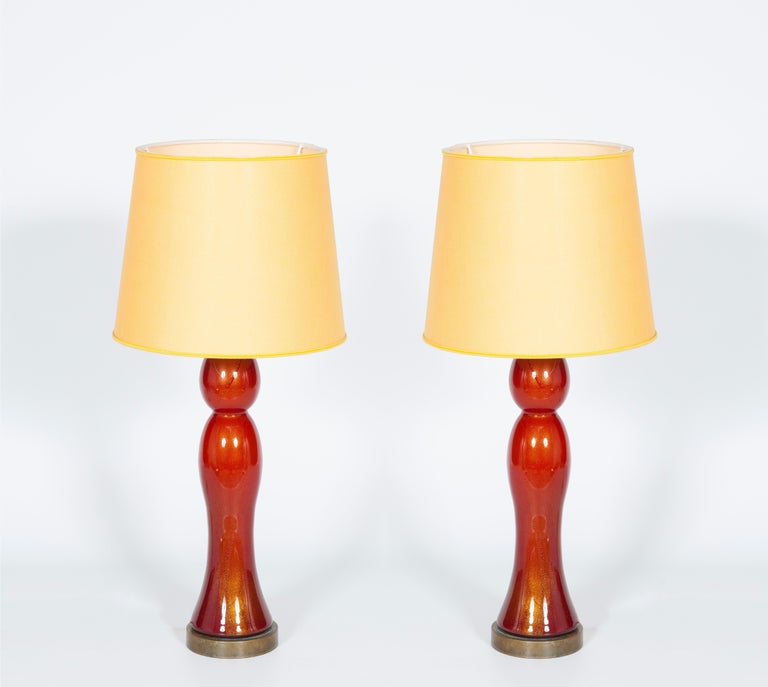 Pair of Murano Glass Table Lamps Coral and Gold Leaf Color, 1980s For Sale 5