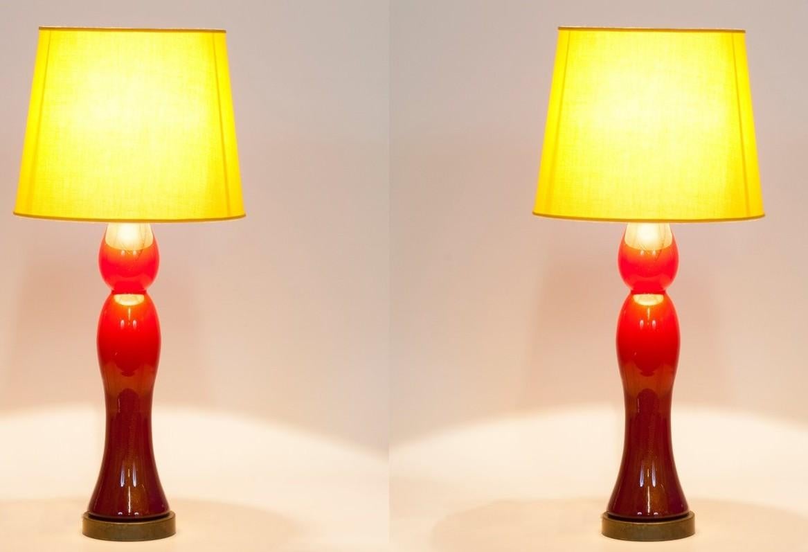 Pair of Murano Glass Table Lamps Coral and Gold Leaf Color, 1980s For Sale 5