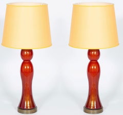 Pair of Murano Glass Table Lamps Coral and Gold Leaf Color, 1980s