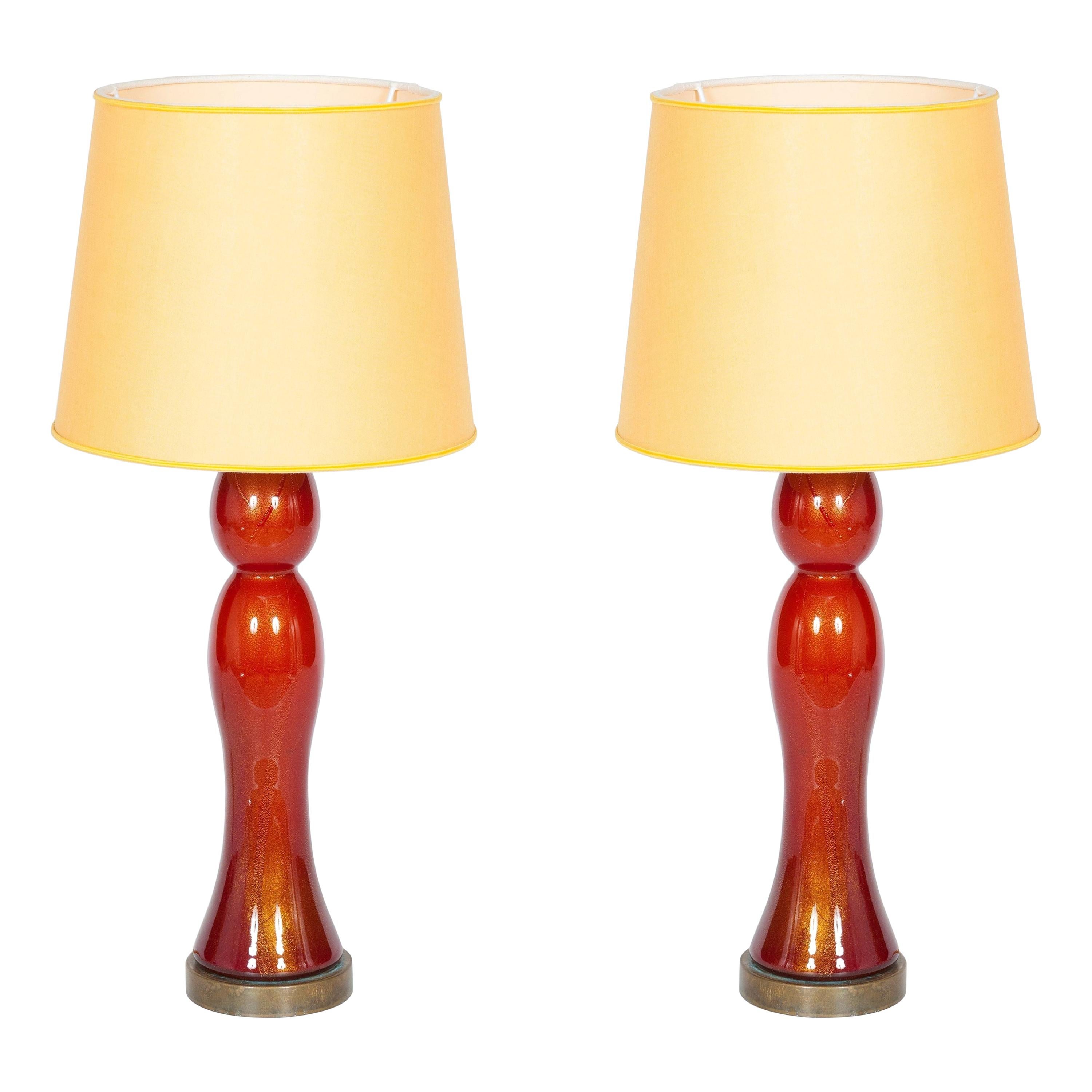 Pair of Murano Glass Table Lamps Coral and Gold Leaf Color, 1980s