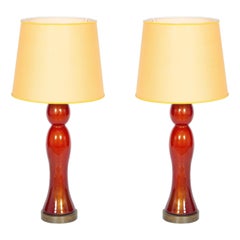 Pair of Murano Glass Table Lamps Coral and Gold Leaf Color, 1980s